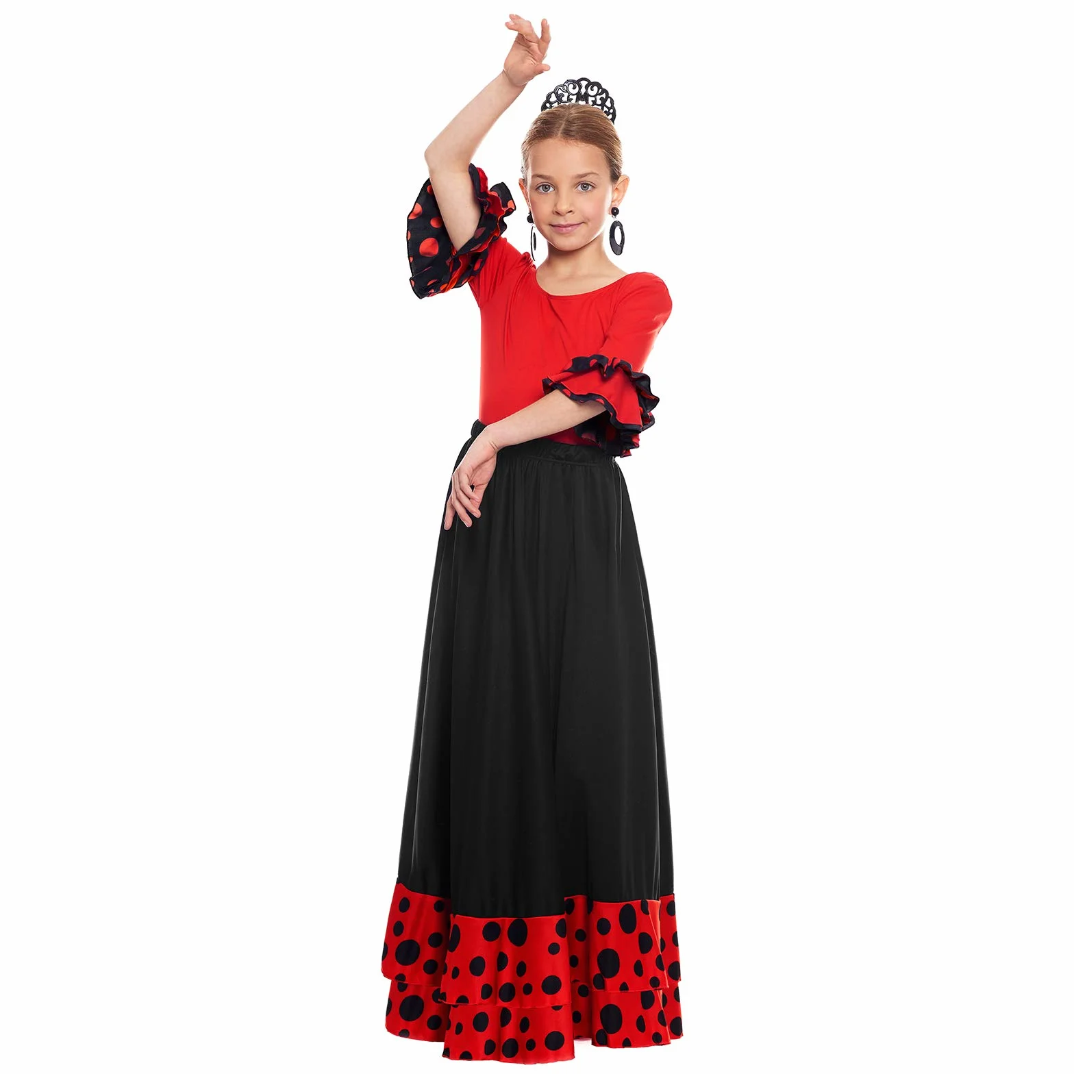 Falda Flamenca Niña Negra Lunares Negros Volante Doble Rojo Tallas 2-12 años