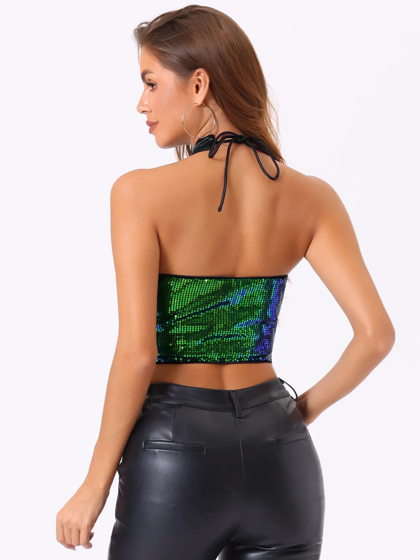 Allegra K Mujer Top Crop Lentejuelas Metalizadas Cuello Halter Halloween | Tie Front Closure Sleeveless Design Night Out Disco Festival Cropped Silhouette Sparkly Sequin