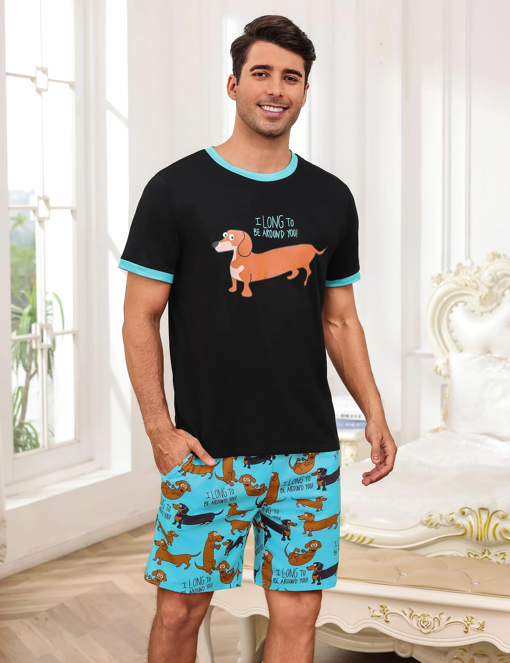 Pijama Hombre Algodón Divertido Ropa de Dormir Verano Mangas Cortas con Bolsillos
