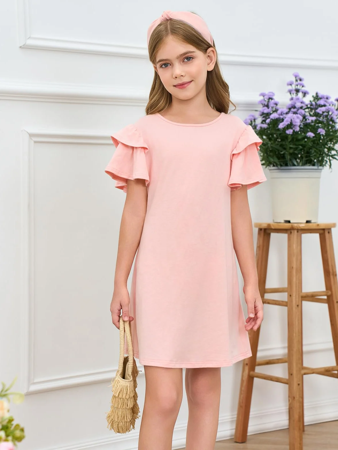 Vestido de niña con mangas con volantes cuello redondo verano línea A monocolor elegante fiesta cumpleaños boda