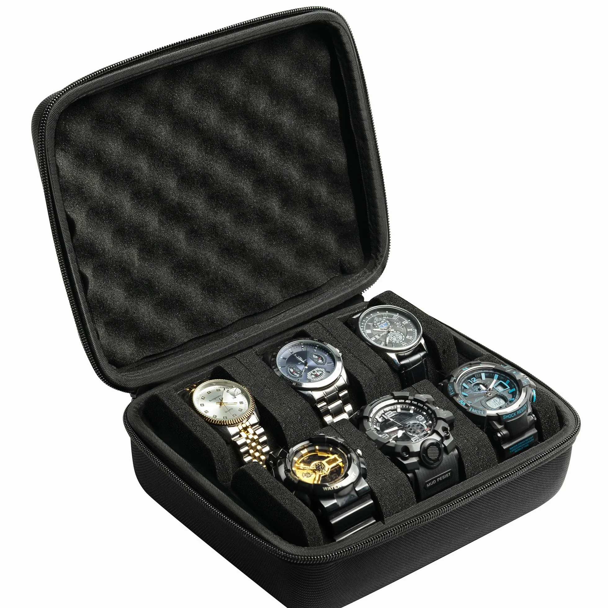 Estuche rígido para reloj 6 ranuras organizador de viaje caja dura negro 2 compartimentos