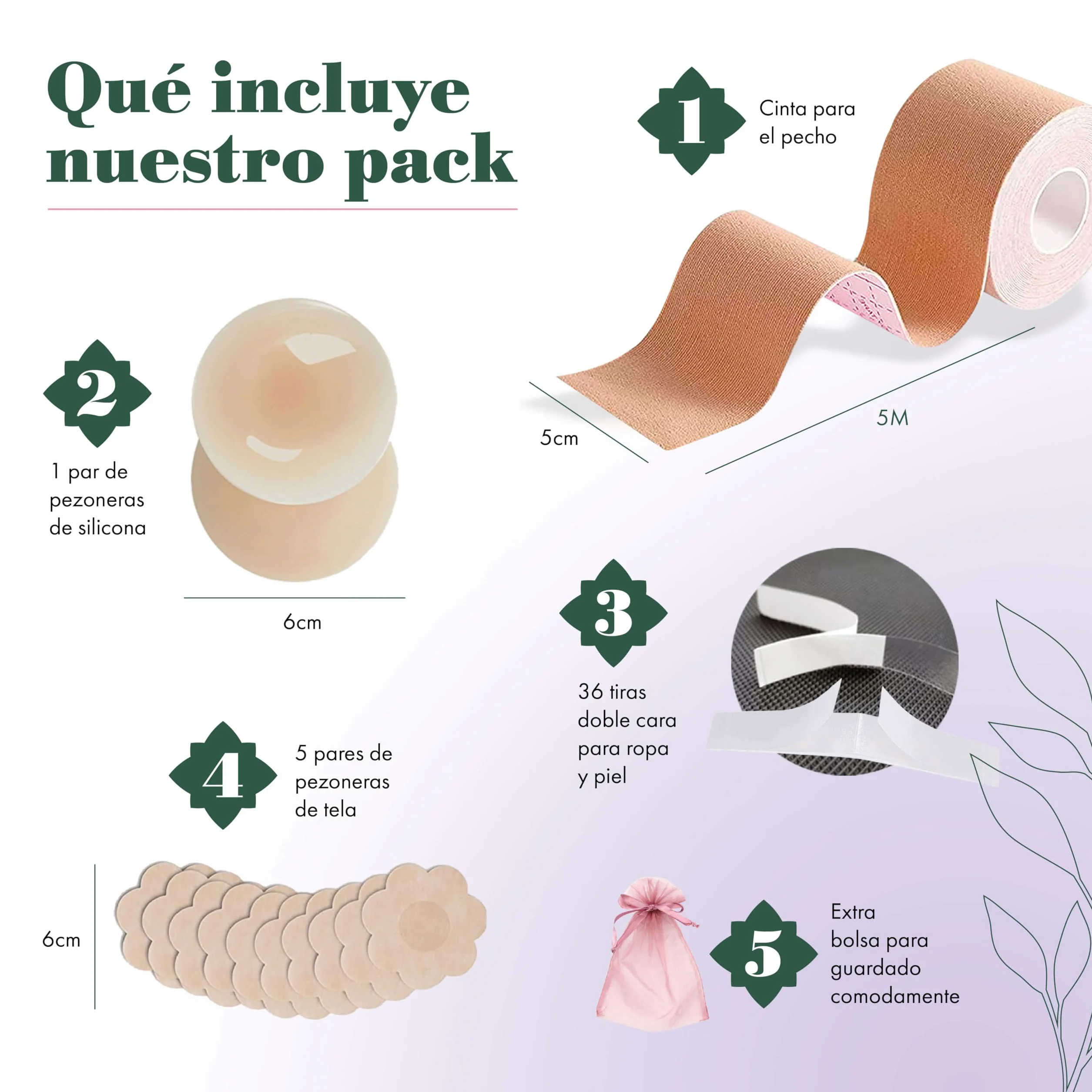 Cinta Adhesiva Pecho 5m. Incluye: 1 Rollo Boob Tape +2 Pezoneras Adhesivas Invisibles Reutilizables +36 Tiras Doble Cara Ropa +10 Pezoneras Tela +Bolsa. Sujetador Invisible.
