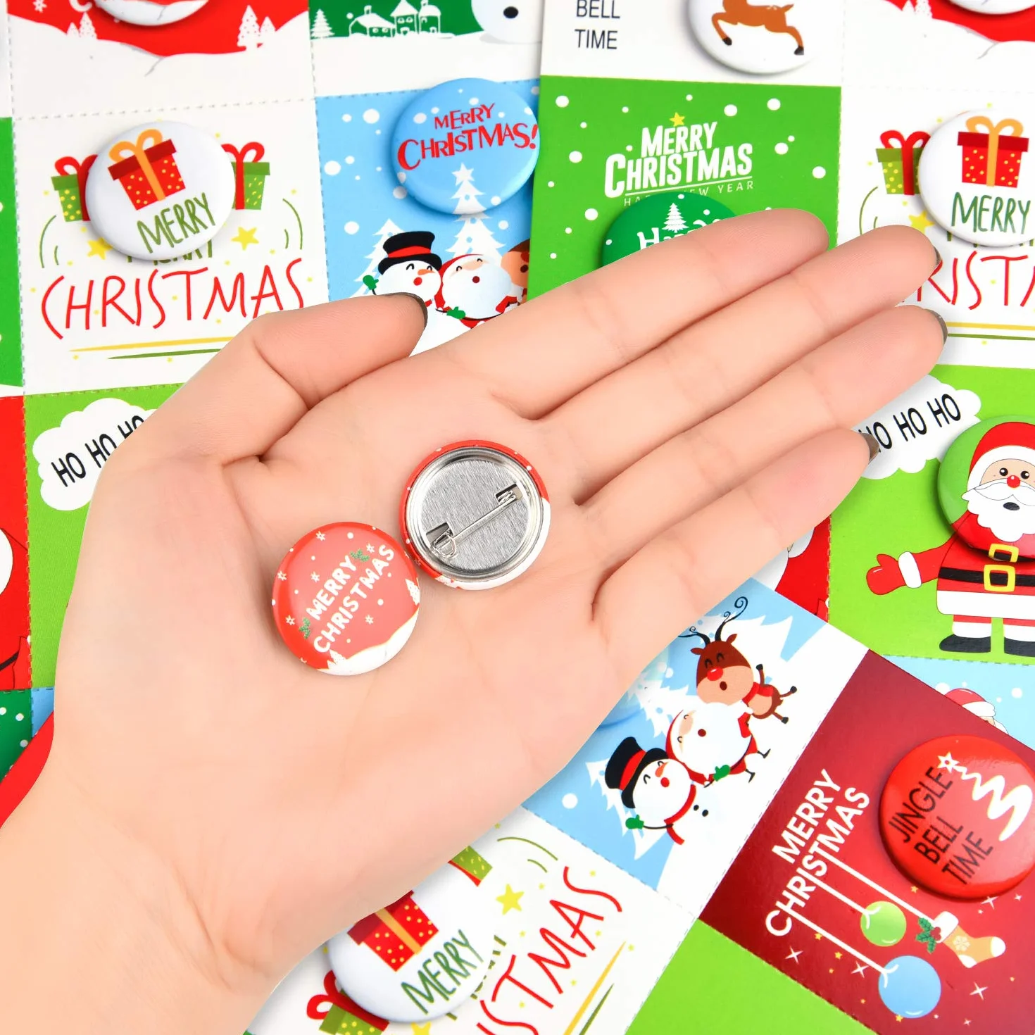 FEPITO 36 Pcs Botones de Feliz Navidad Botones Mini Pinback con Tarjetas de Navidad para Niños Suministros Fiesta de Navidad