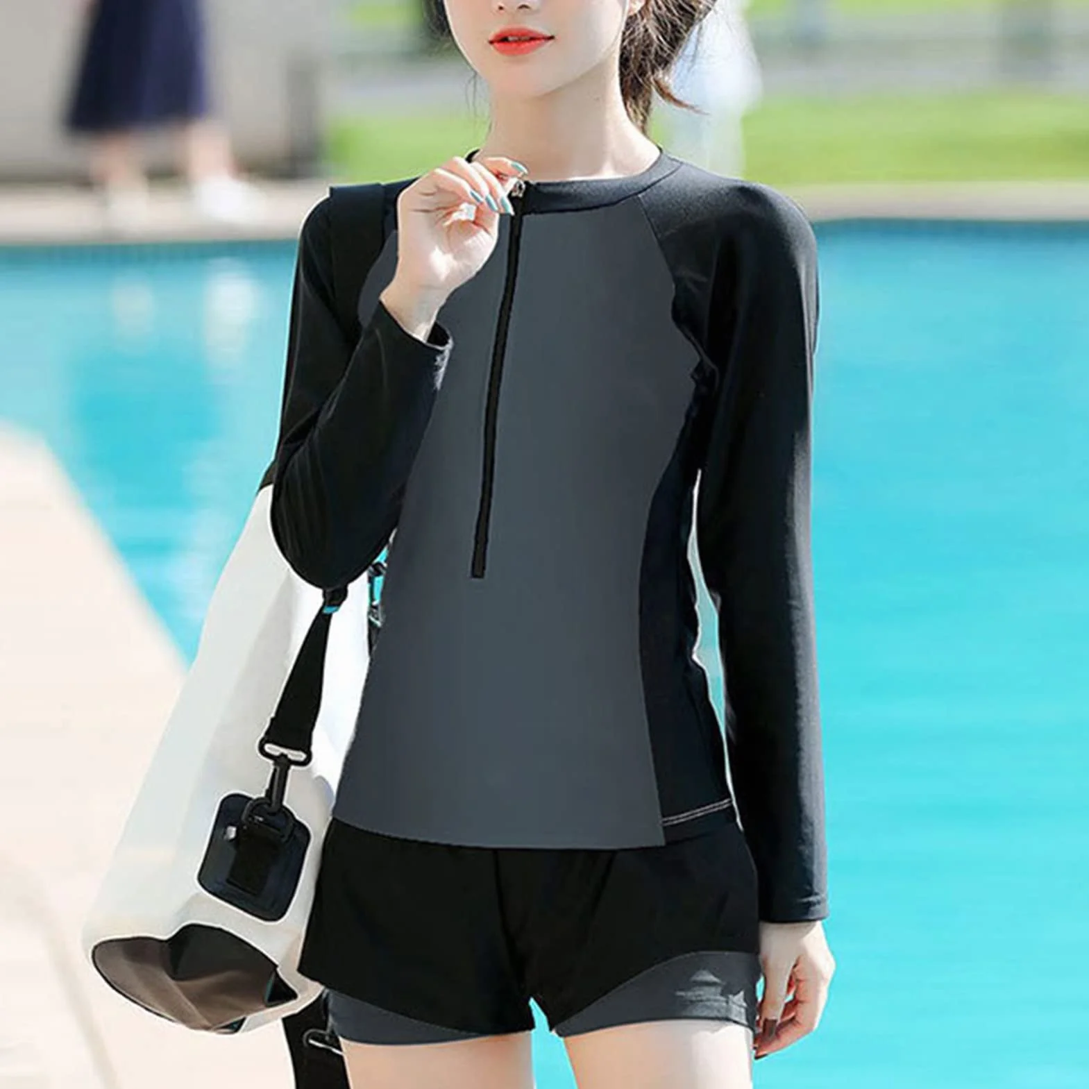 Traje de baño de dos piezas para mujer manga larga protección solar cuello redondo secado rápido deportivo