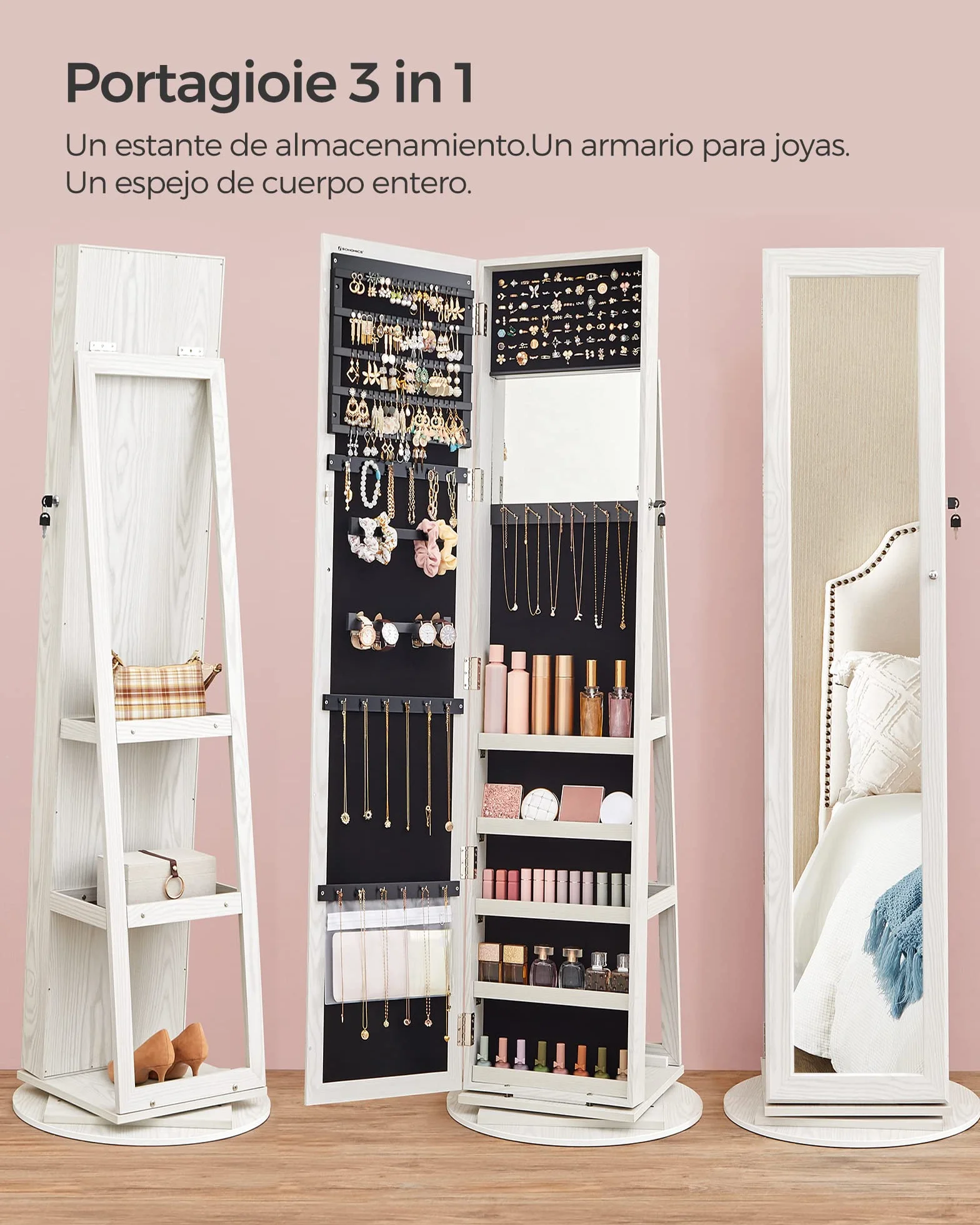 SONGMICS Armario Joyero con Espejo Entero Giro 360° JBC62W Blanco