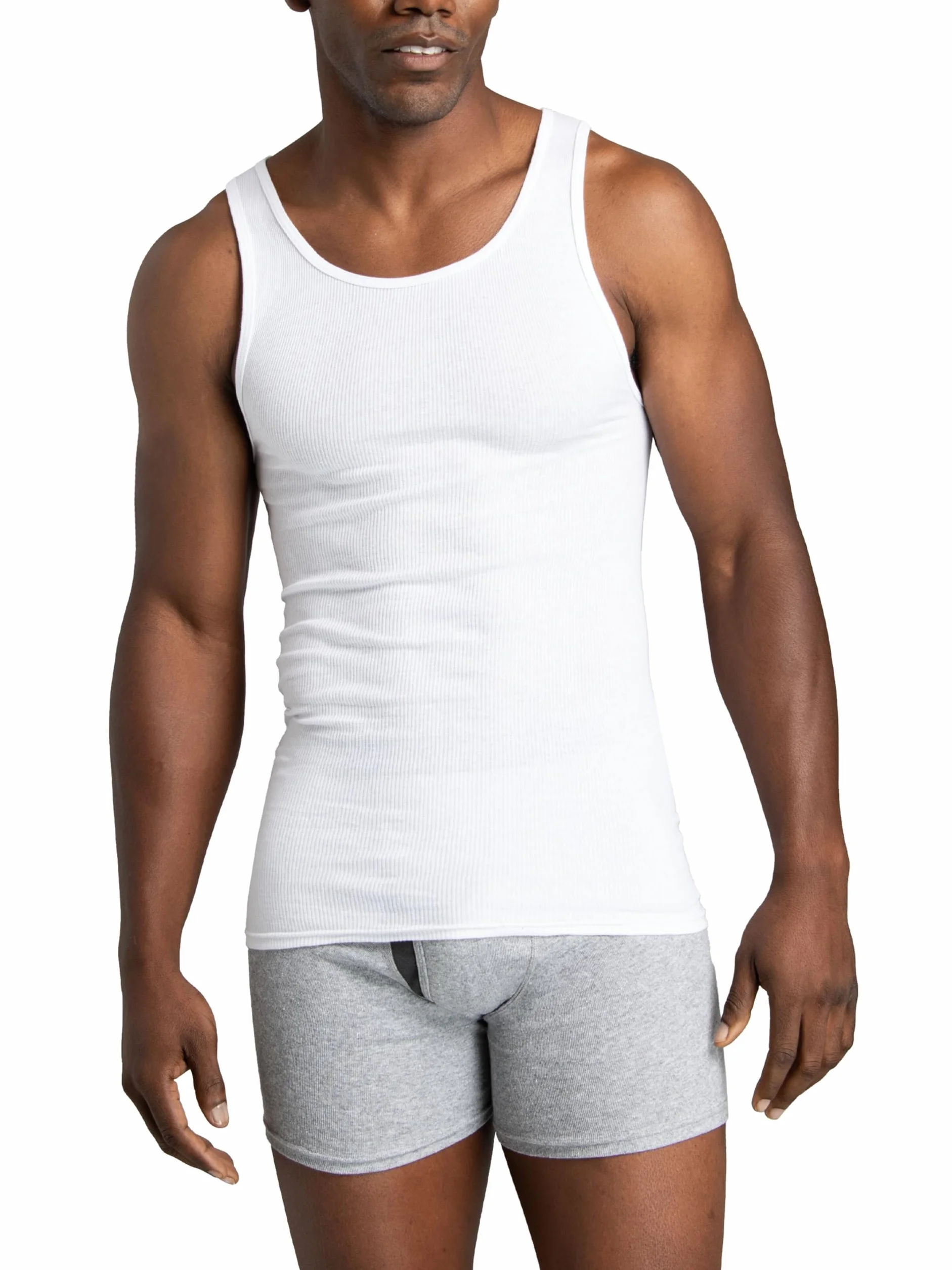 Fruit of the Loom Men's Sleeveless Tank A-Shirt, Tag Free & Moisture Wicking, Ribbed Stretch Fabric Undershirt (Pack of 8)