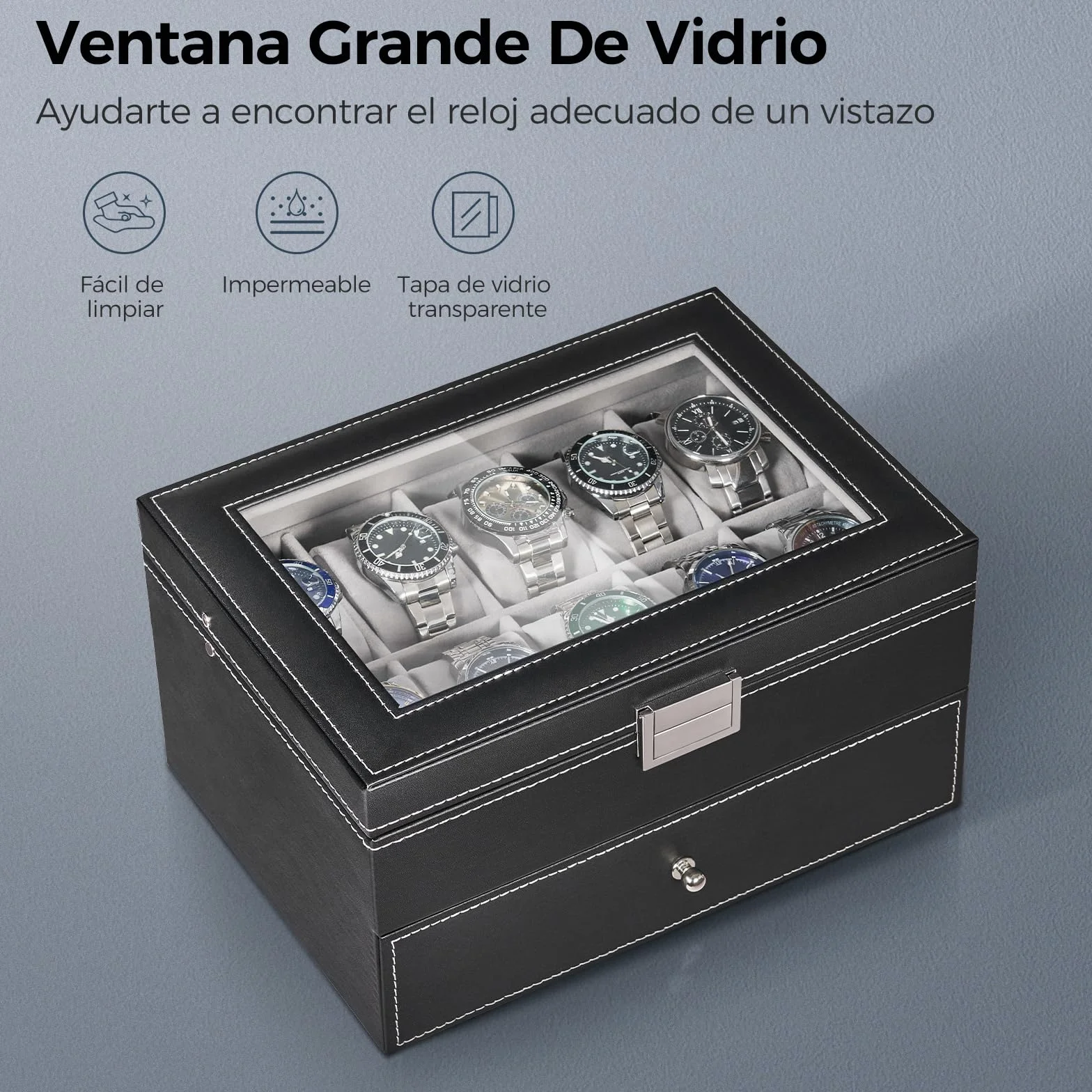 BEWISHOME Caja de Relojes 20 Compartimentos Estuche Tapa Cristal Negro ESSH04B