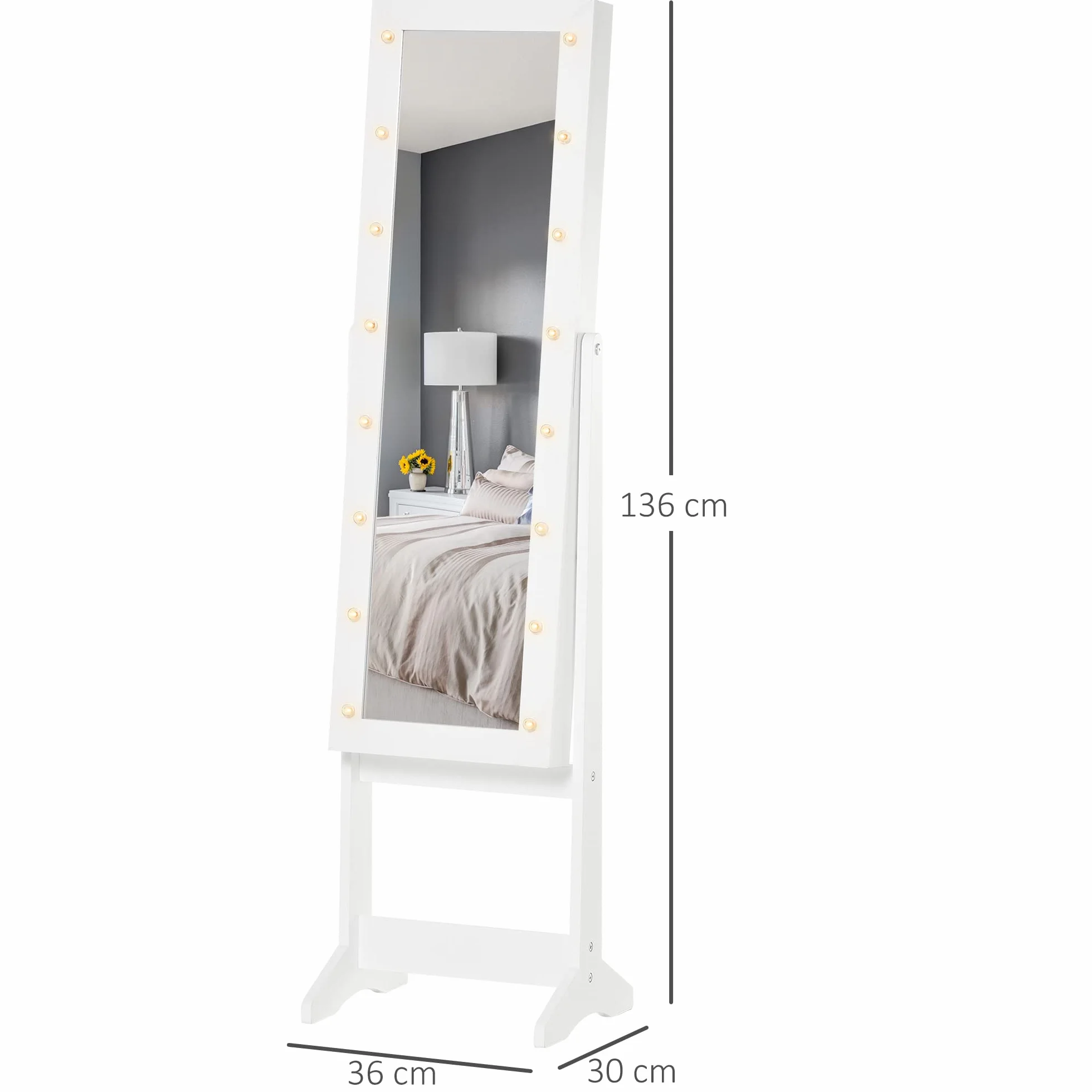HOMCOM Espejo Joyero con Luces LED, Armario para Joyas, de Pie, Espejo Entero, Ángulo Ajustable, Blanco Cálido