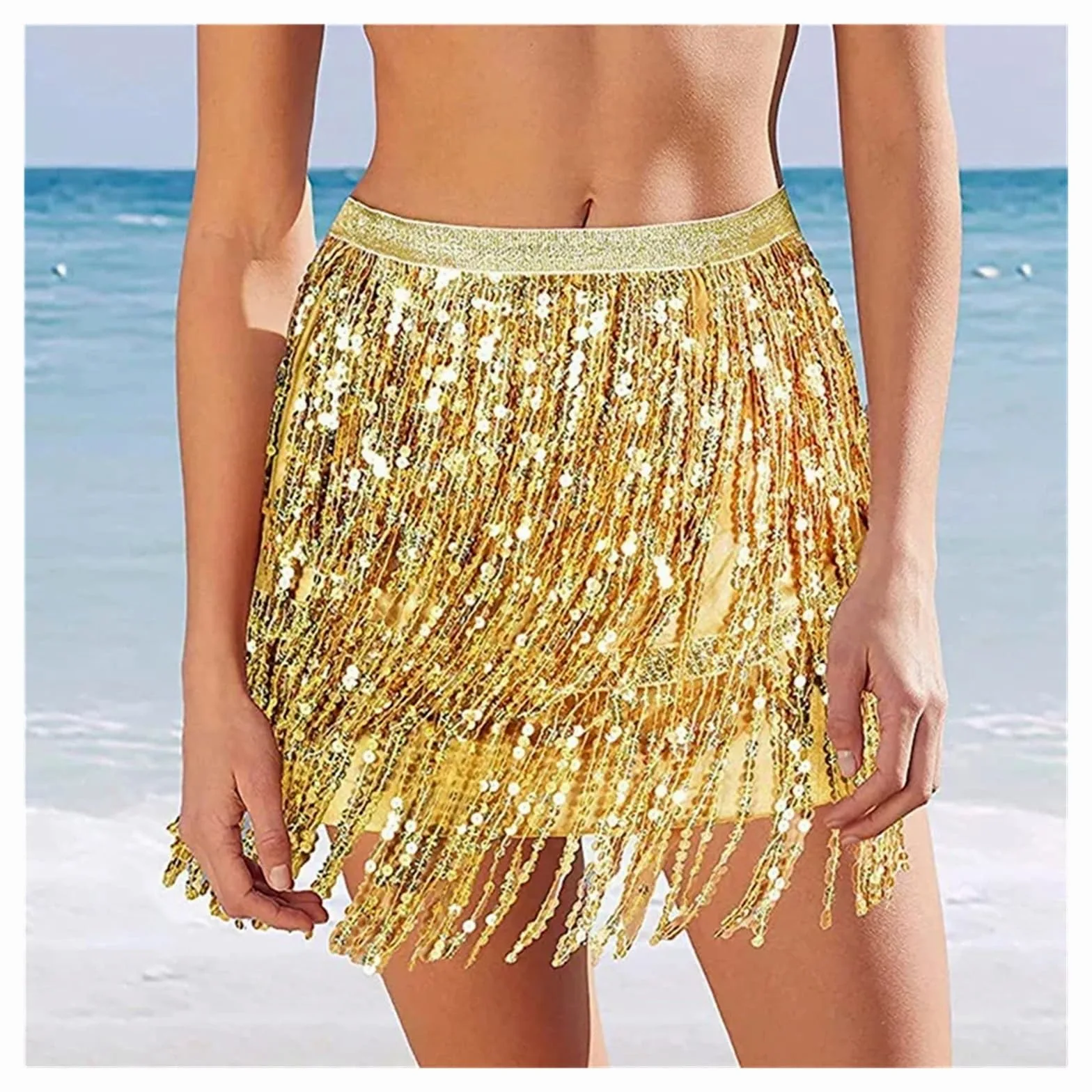 Falda Lentejuelas Falda con Flecos y Lentejuelas for Mujer, Minifalda con Cintura elástica y Purpurina for Fiesta Rave de Baile, Negro/Plata/Dorado/Rojo(Black,M)