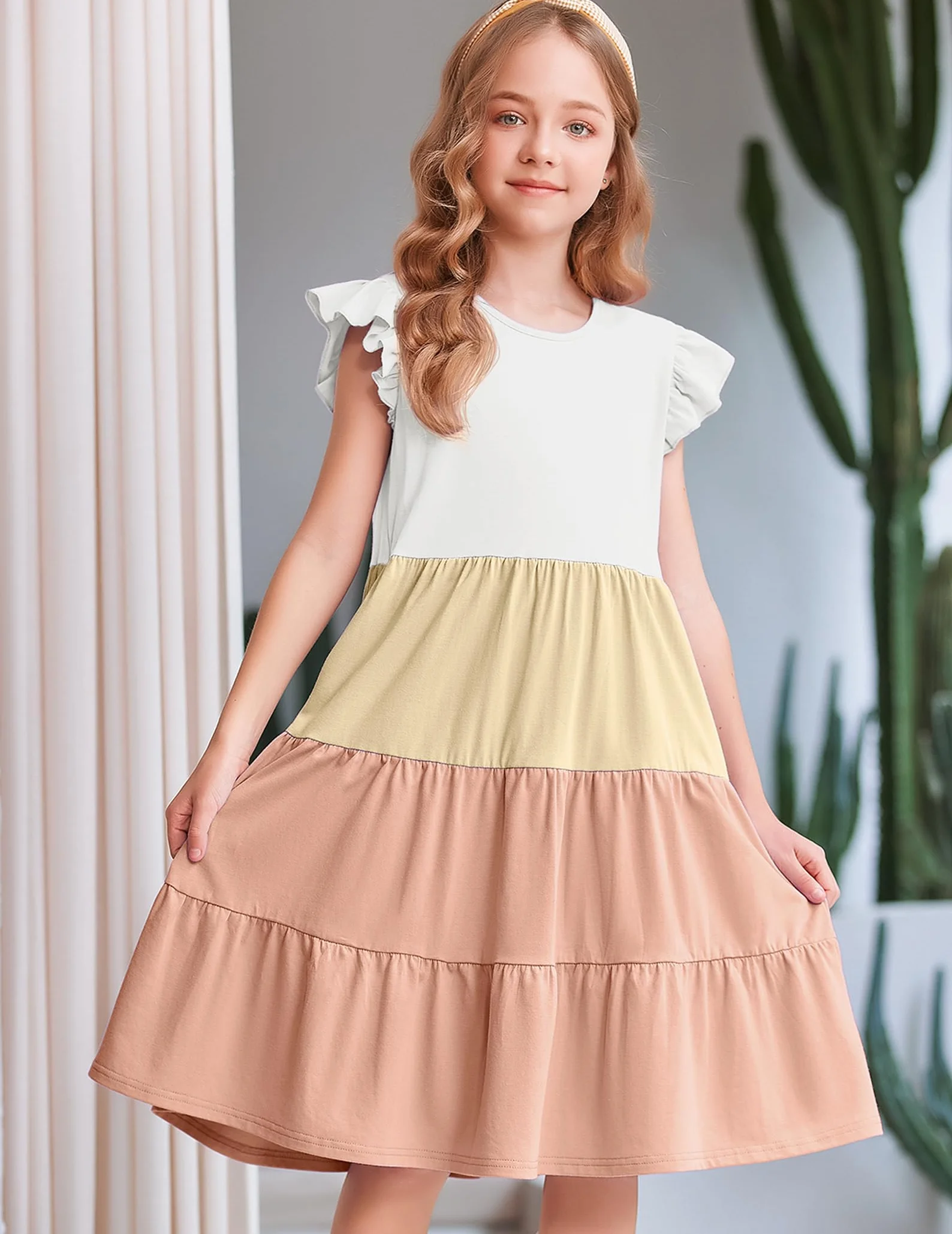 Vestido de Verano para Niñas Arshiner Algodón Mangas de Volantes Escote Redondo 4-14 Años