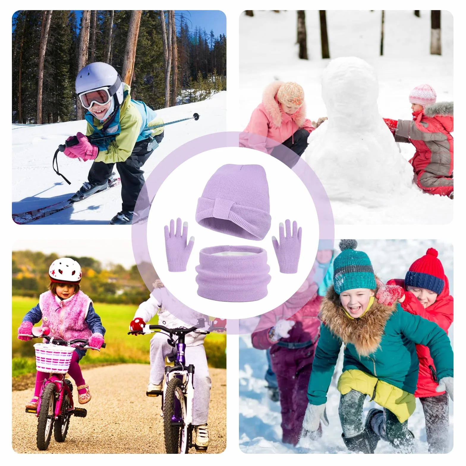 Conjunto de Gorro Bufanda y Guantes 3 en 1 para Niños Invierno 3PCs Púrpura