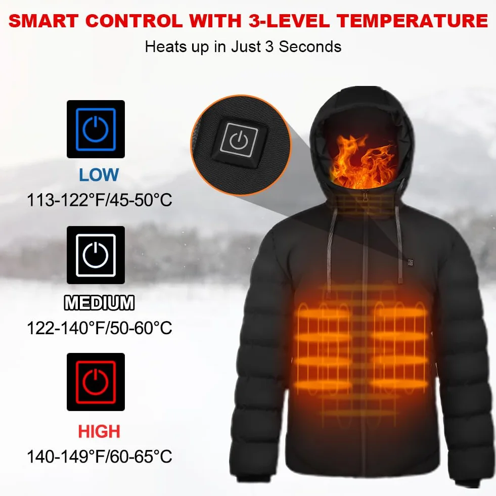 Chaqueta Calefactable 10000mAh 3 Niveles de Calefacción con Capucha para Hombre Mujer Esquí Trabajo