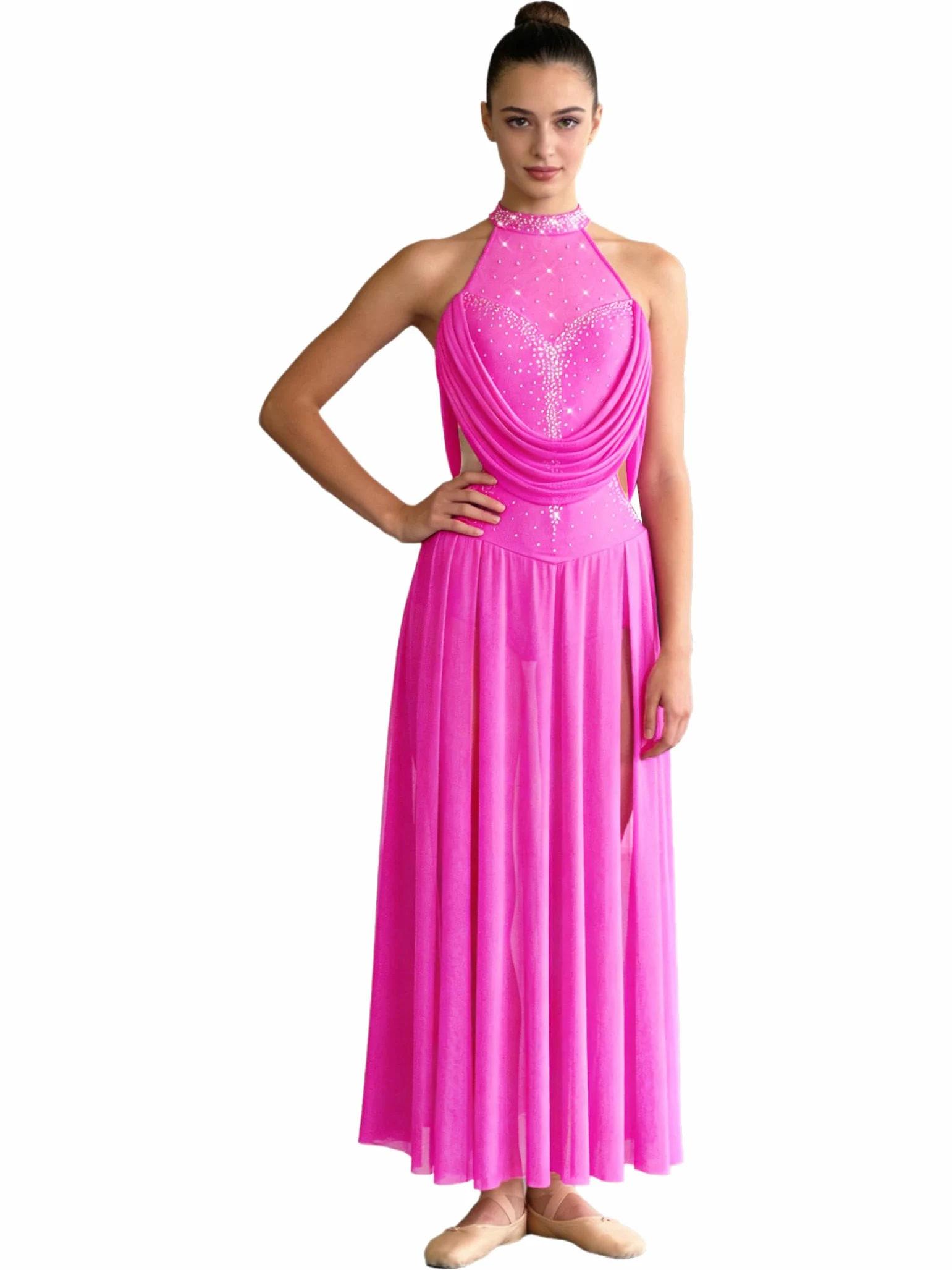 Dama Vestido Baile Lirico con Brillo Vestido Ballet Sin Mangas Patinaje Artístico con Fisura En La Falda Baile Moderno Y Contemporáneo