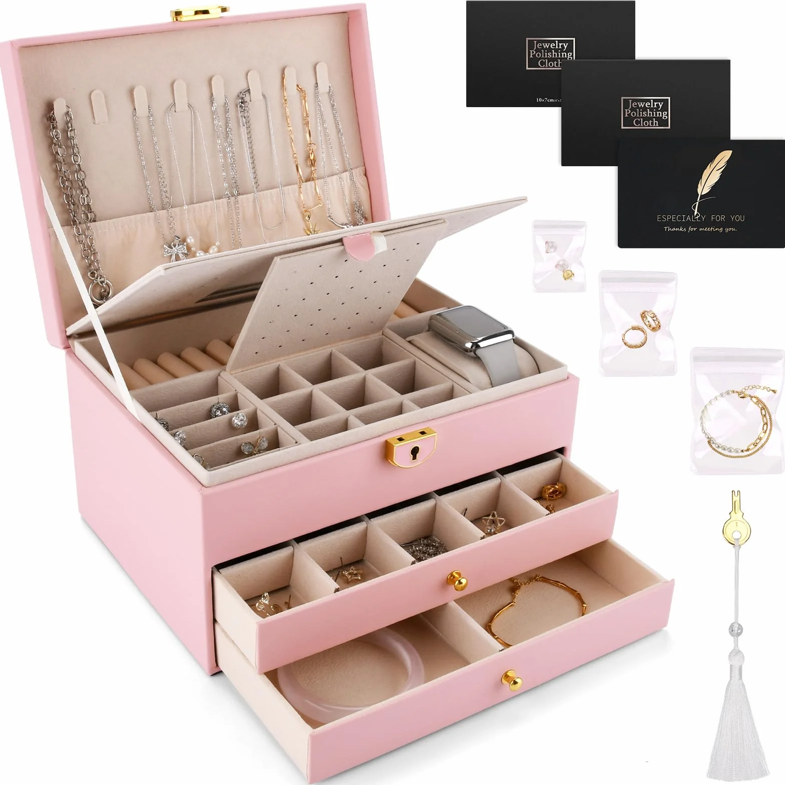 Joyero de 3 niveles con 2 cajones, organizador de joyas, cojín para relojes, cerradura y llave