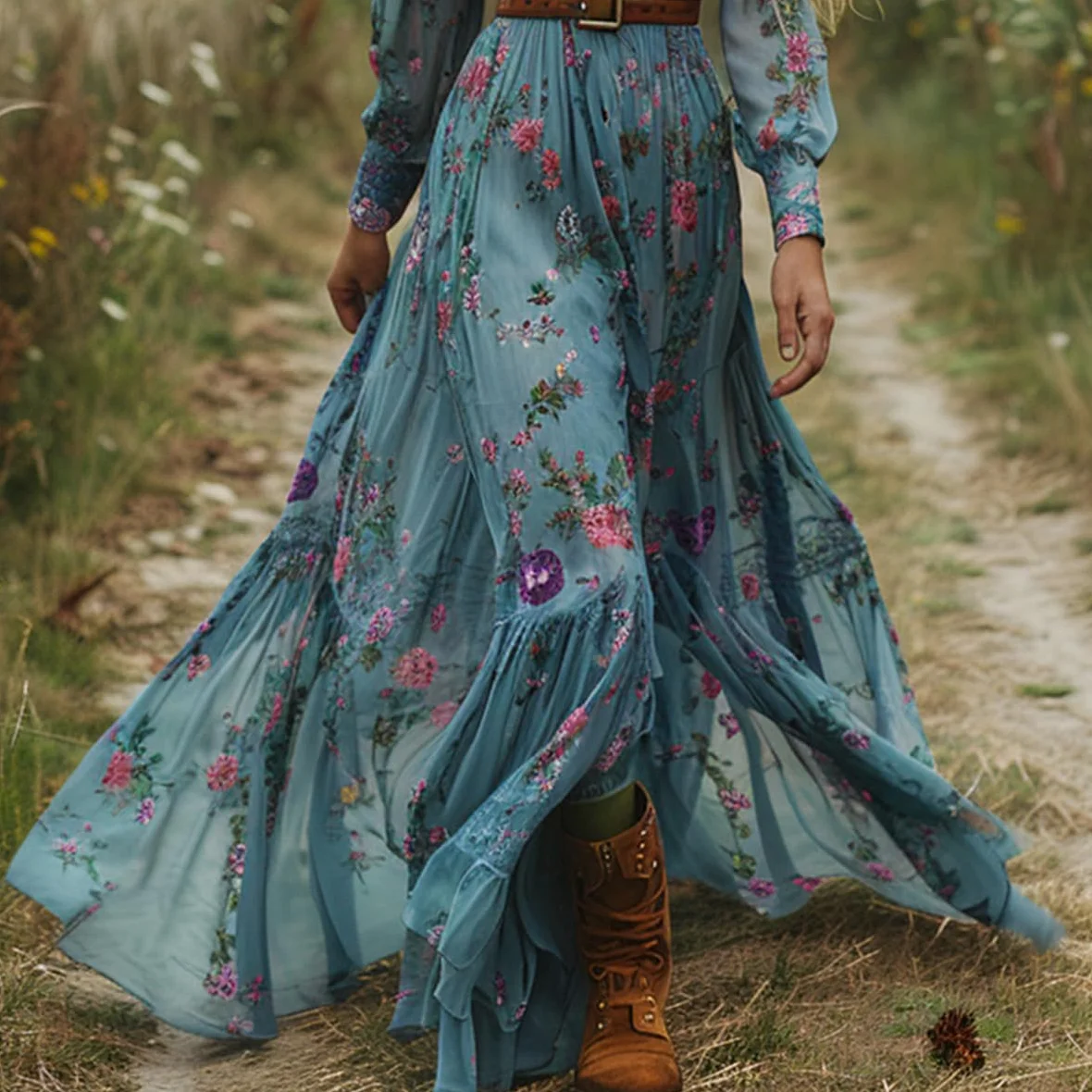 Vestido Largo Vintage de Flores campestres para Mujer, Vestido Maxi Holgado de Manga Larga con Escote en V Sexy, Vestido Informal Holgado de otoño