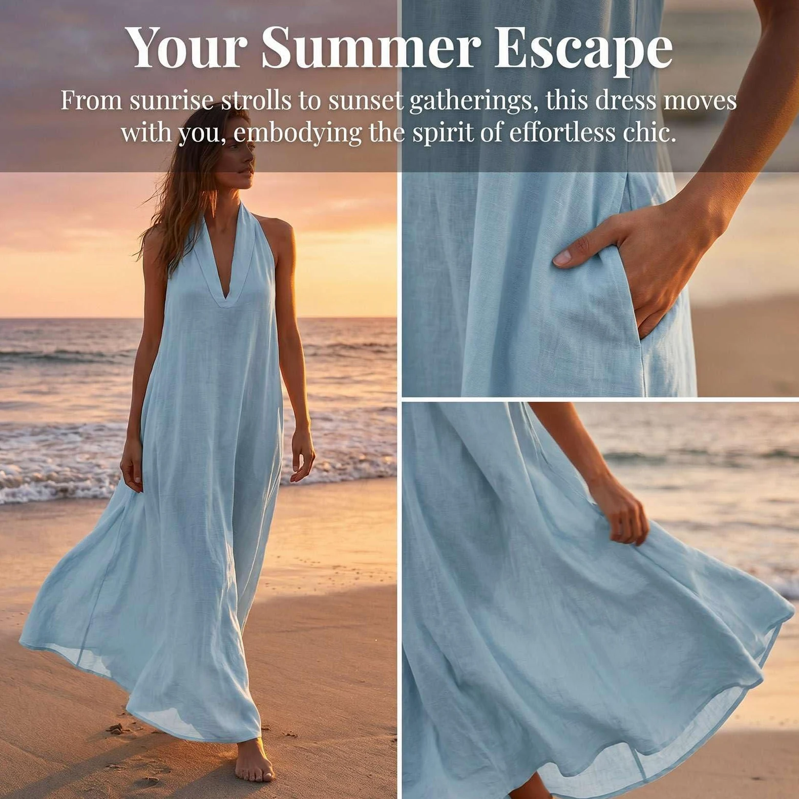 Vestido Largo Halter de Verano para Mujer - Vestido Playero Holgado Casual Sin Mangas Espalda Descubierta 2026