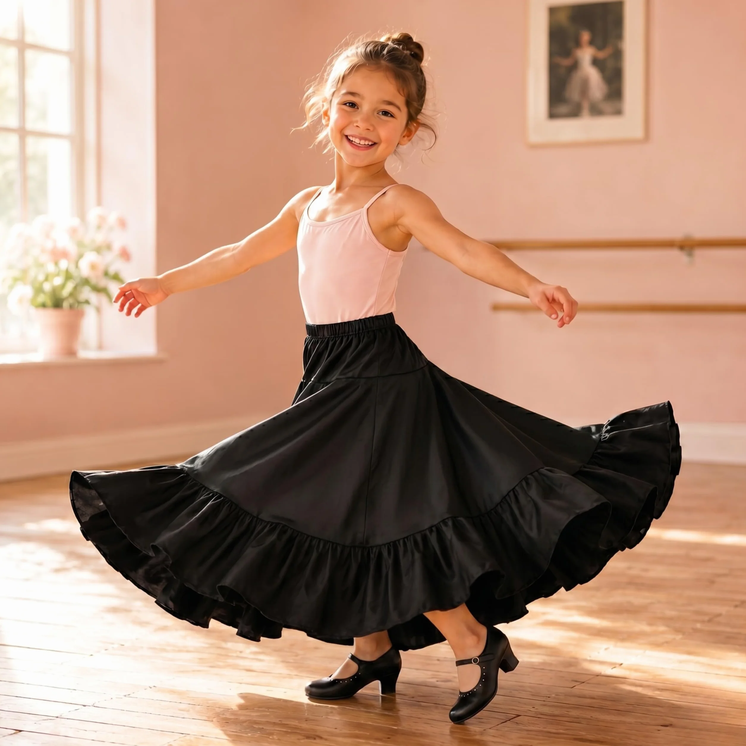 Falda de Flamenco básica Color Negro para niña, Volante Inferior y elástico en la Cintura, Tallas 2 a 12