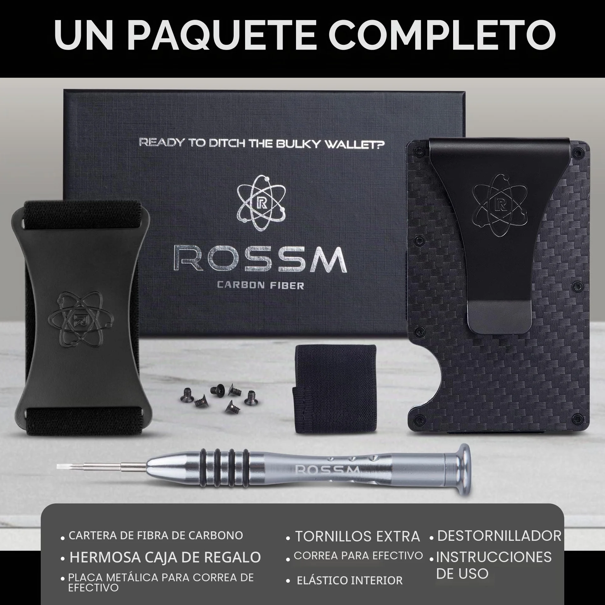 ROSSM Tarjetero Hombre Bloqueo RFID Cartera Minimalista Carbono Metalica Pinza Banda Elástica