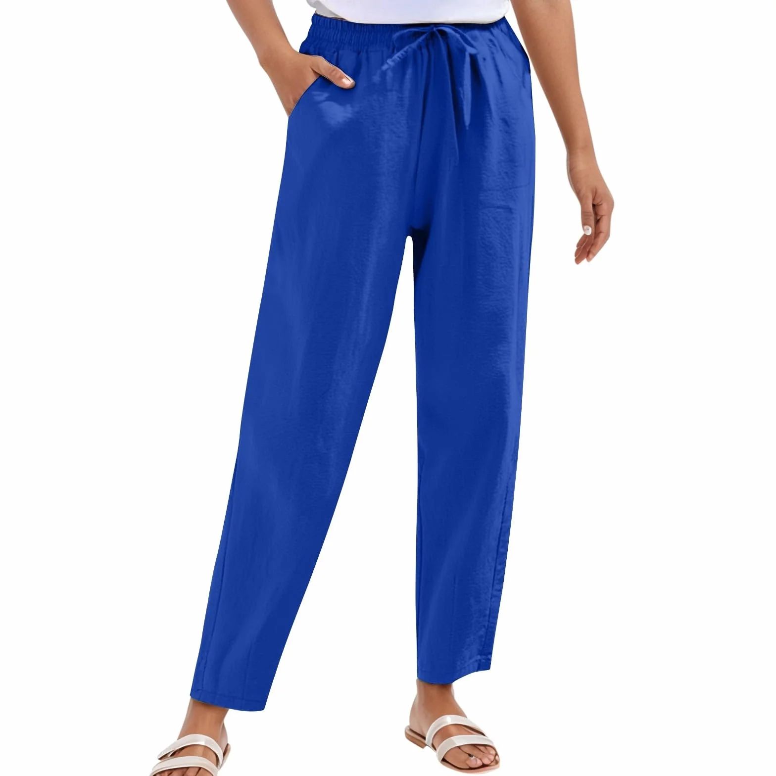 Pantalones de lino para mujer pierna recta cordón elástico casuales con bolsillos verano negros