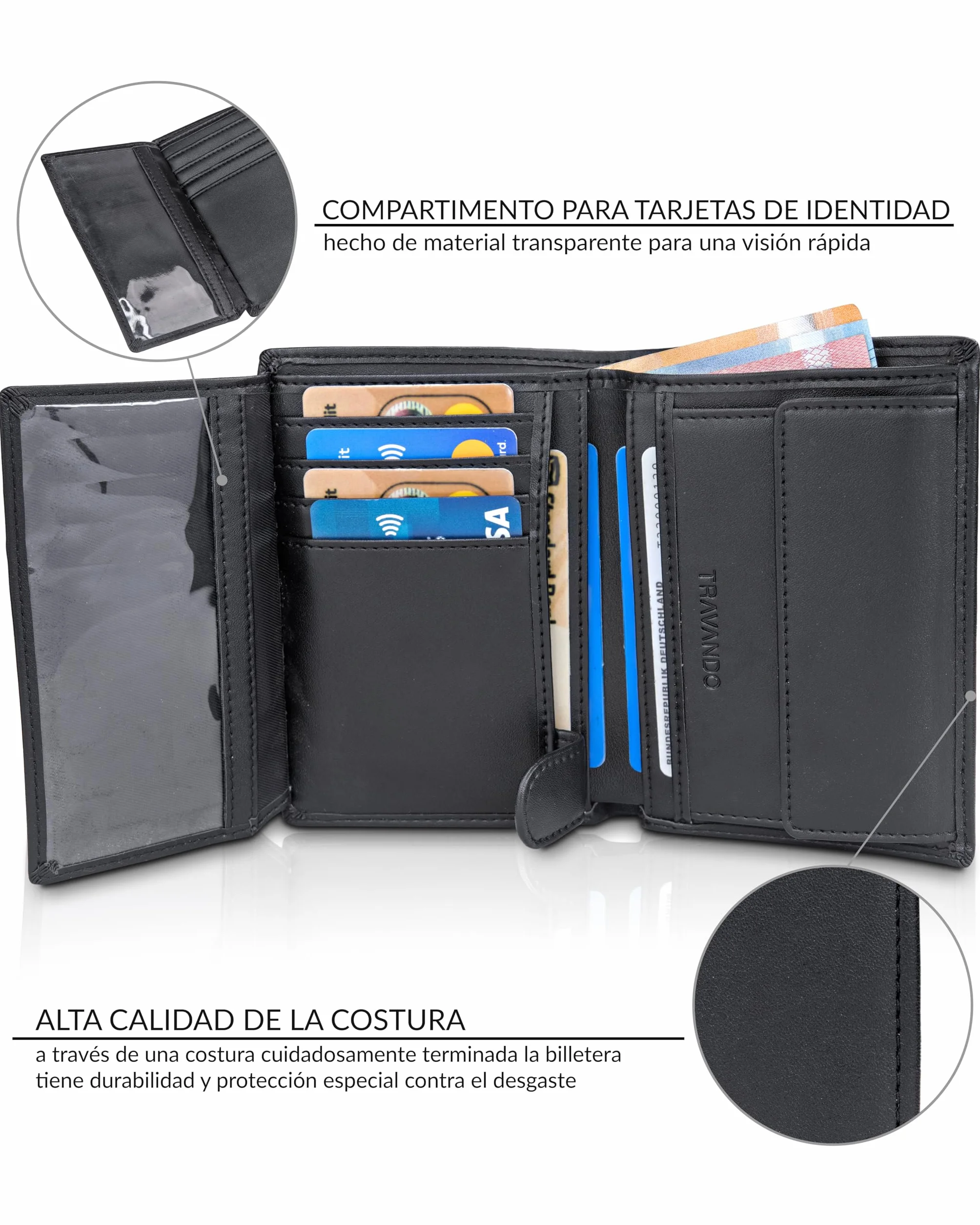 TRAVANDO Cartera Hombre Dublin con Bloqueador RFID Billetera Negra Tarjetero Monedero
