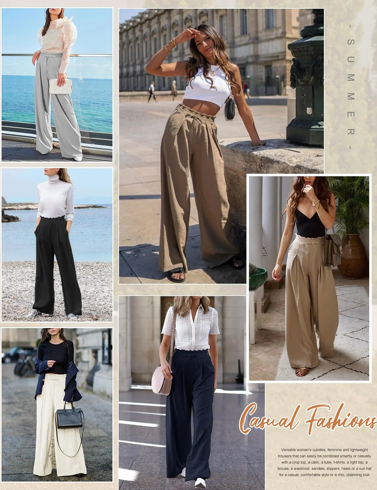 CMTOP Pantalones Mujer Palazzo Ligeros Elásticos Cintura Alta Casual Anchos Suelto Cómodos Flojo Playa Bolsillos Cordón