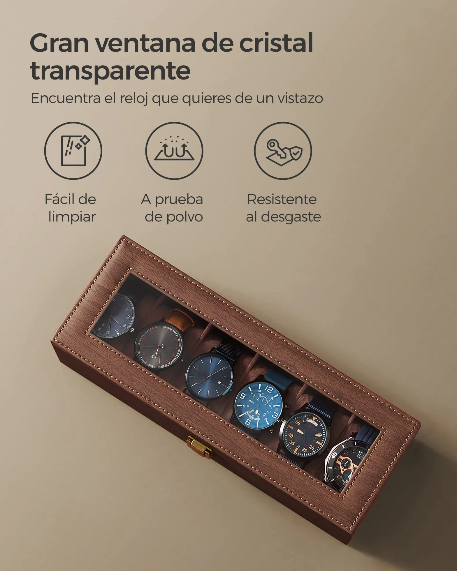 SONGMICS Caja de Relojes 6 Compartimentos, Estuche con Tapa de Cristal, Cuero Sintético Marrón JWB006K01