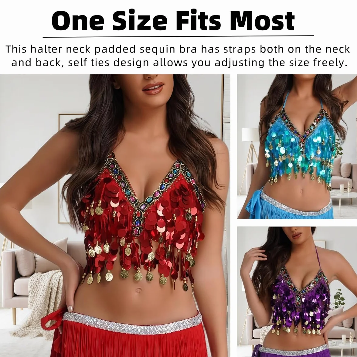 Sujetador con lentejuelas para danza del vientre, top corto brillante cuello halter flecos