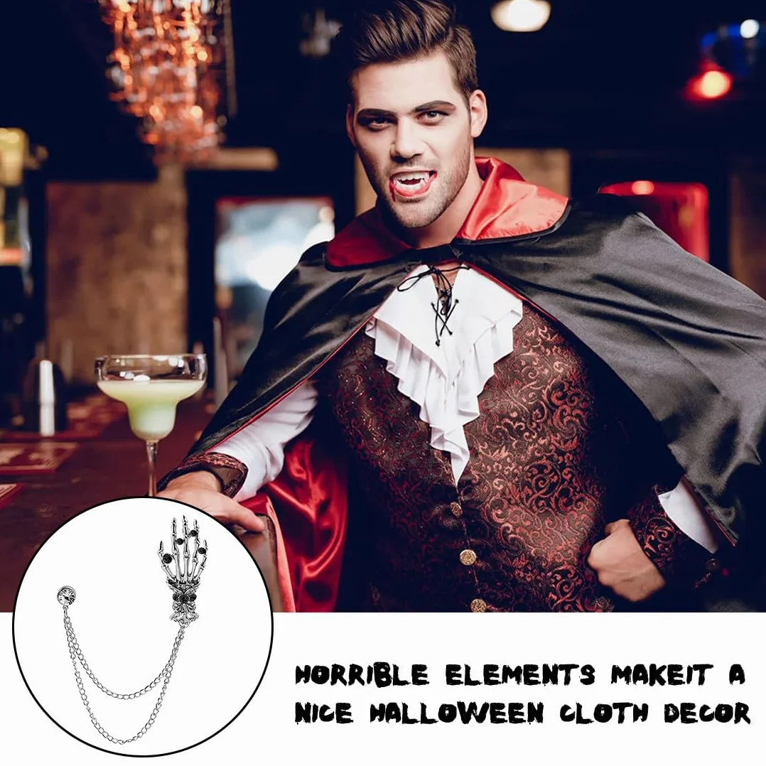 Broche de cadena, alfiler de cuello, broche con forma de mano de esqueleto, broche de Halloween para mujeres y hombres, para traje de negocios, esmoquin, camisa, corbata, sombrero y bufanda