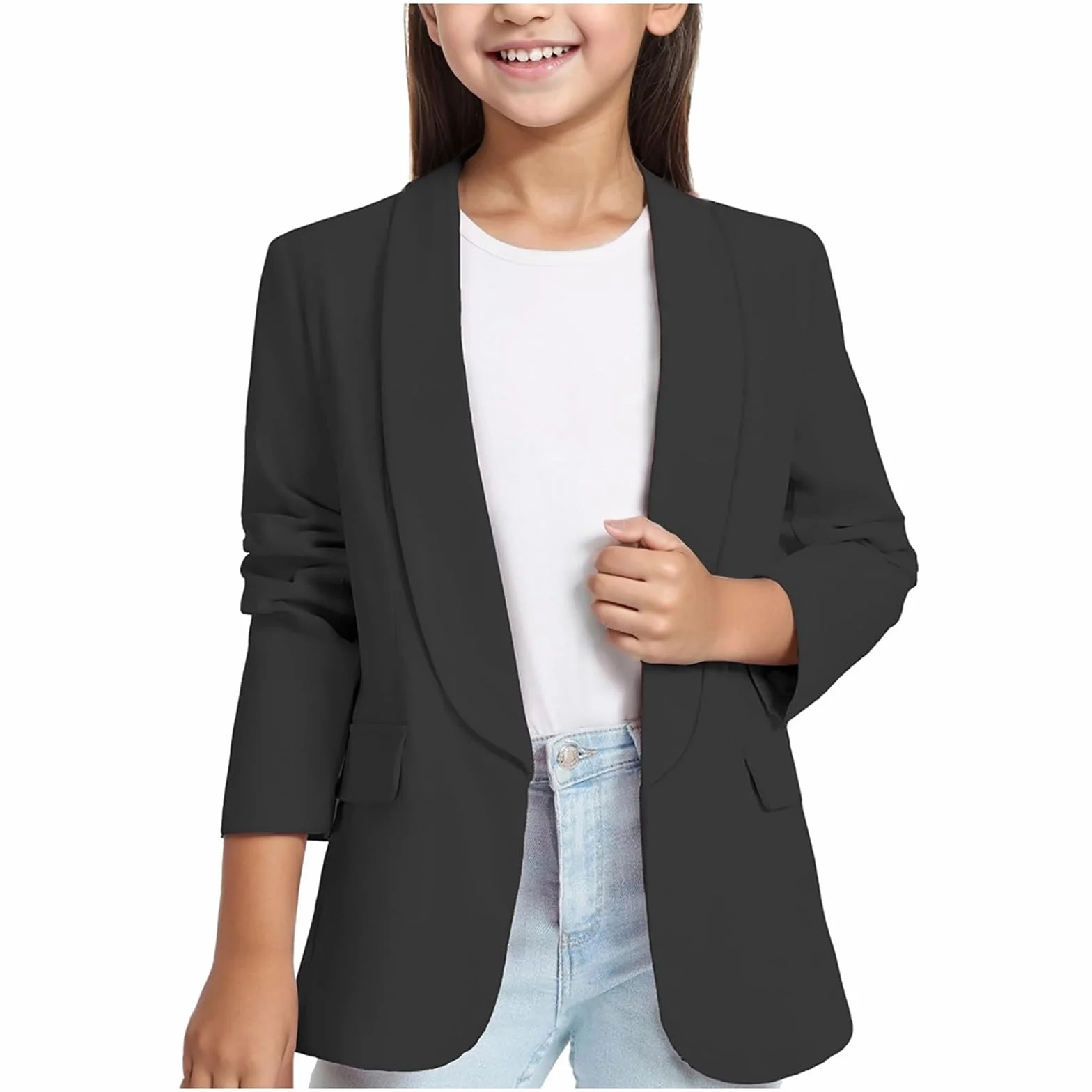 Blazers para niñas traje de solapa color sólido frente abierto chaqueta manga larga botones casual trajes de fiesta