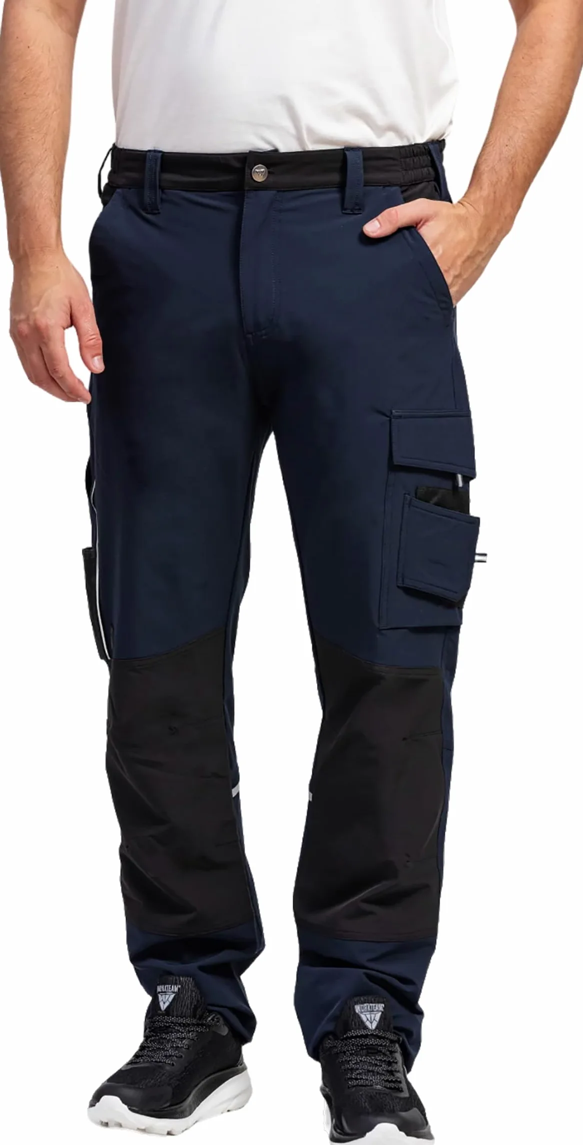 WORKTEAM Pantalón Elástico Slim Fit, Ideal Trabajo, Tiempo Libre, Senderismo, Multibolsillos con Cierres Autoadherentes, Pinzas en Rodillas, Detalles Reflectantes y Cintura Ajustable. Unisex