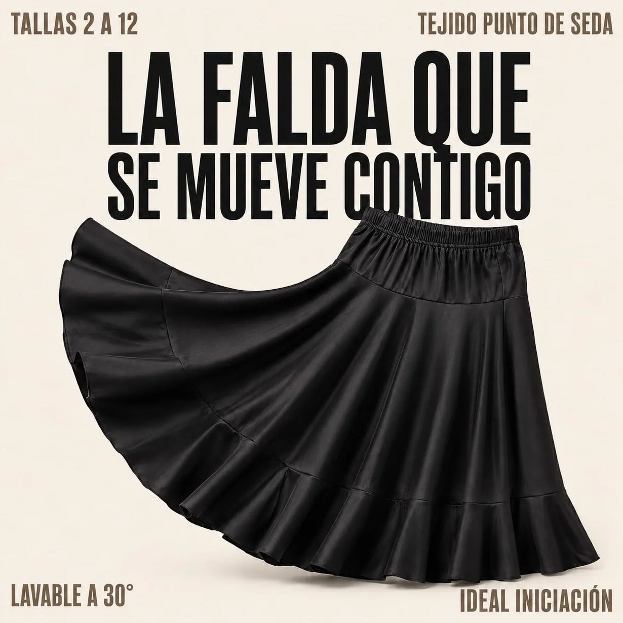 Falda de Flamenco básica Color Negro para niña, Volante Inferior y elástico en la Cintura, Tallas 2 a 12