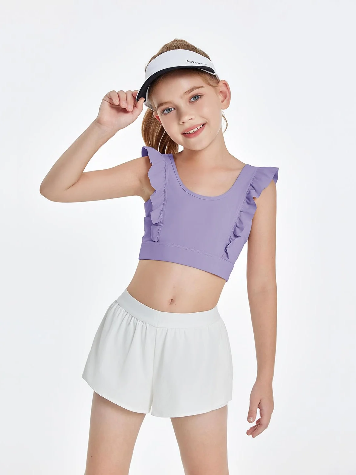 Crop Top Sujetador Deportivo Volantes sin Mangas sin Vientre Yoga Ballet Camisetas Tanque Tops Violáceo 140