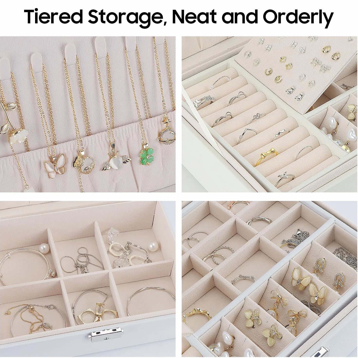 TEIVUL Joyero de piel sintética de 2 capas con llaves y paño de limpieza para anillos aretes collares