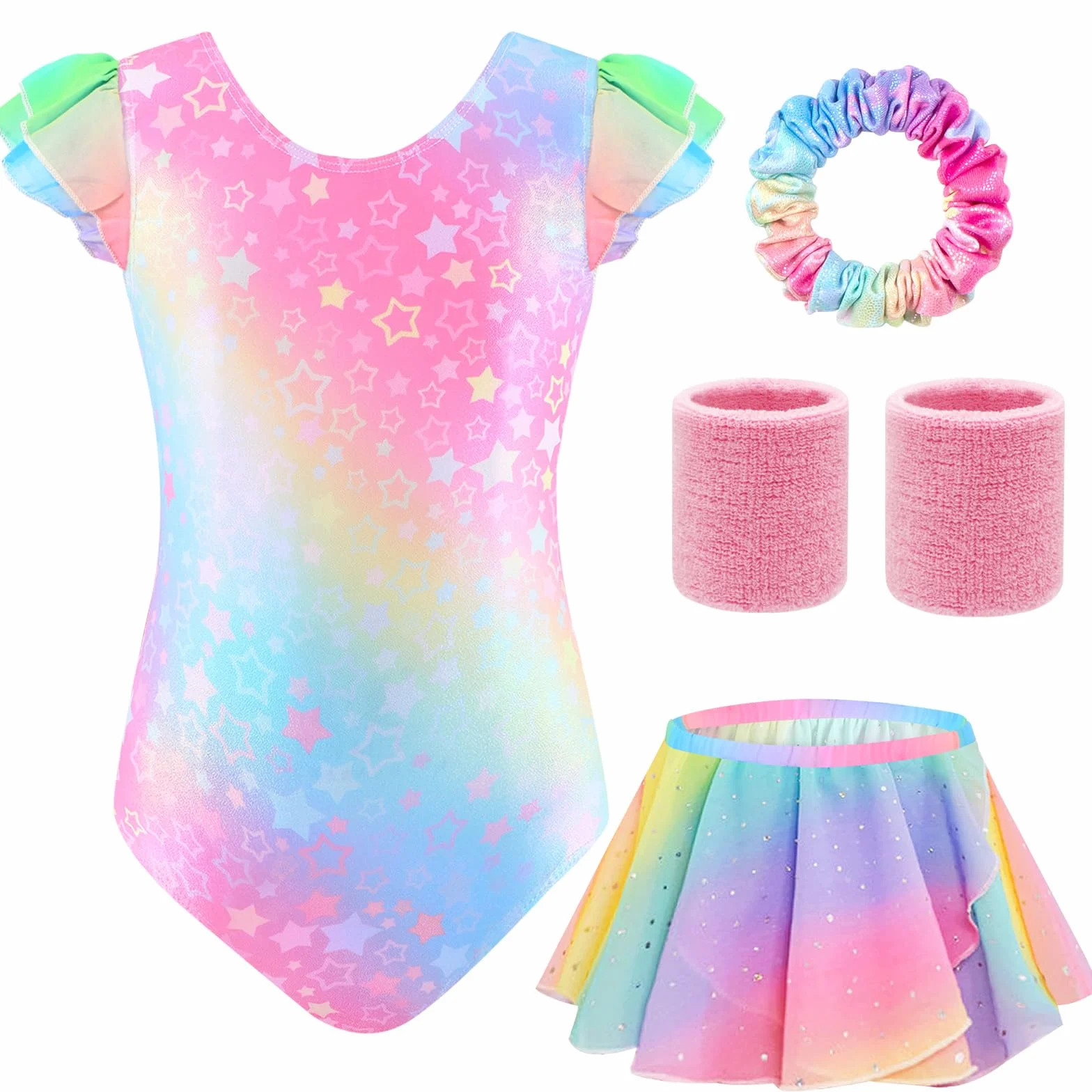 Maillot Gimnasia Rítmica Niña Conjunto 5 Piezas Sin Mangas Falda Cinta Cabello Muñequeras Ballet 4-9 Años