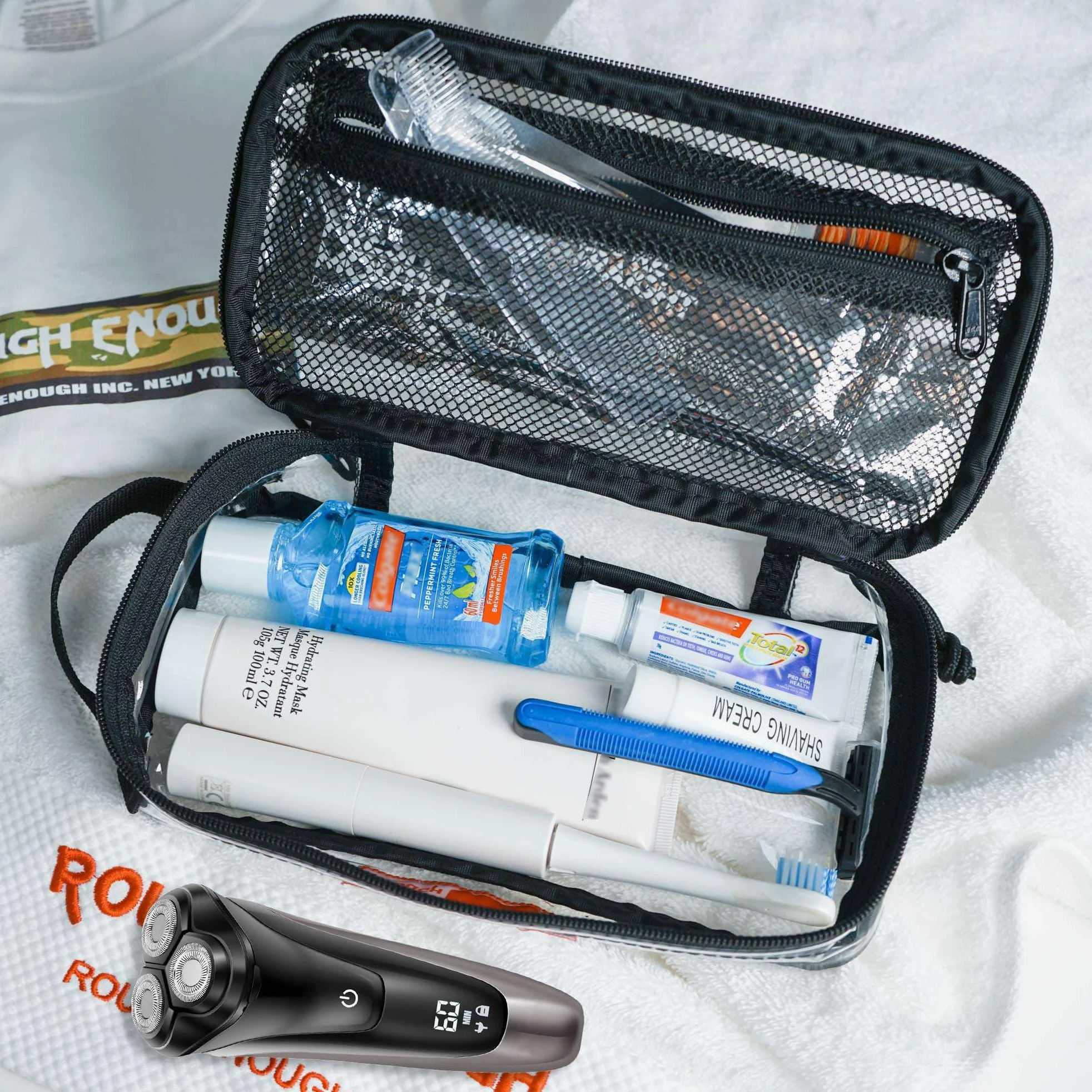 Rough Enough - Neceser Transparente Aprobado por la TSA, Estuche para Cepillo de Dientes de Viaje, Bolsa organizadora para Hombres y Mujeres, Black, S, Neceser de Viaje Transparente Aprobado por la