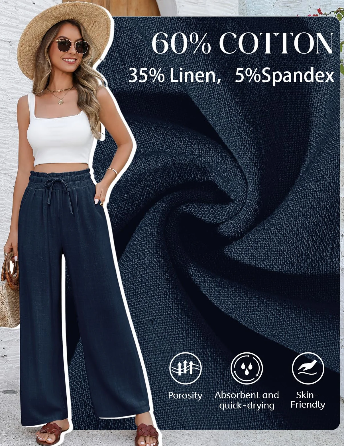 Pantalones Mujer Verano Lino Algodón Cintura Alta Elástica Anchos Casual