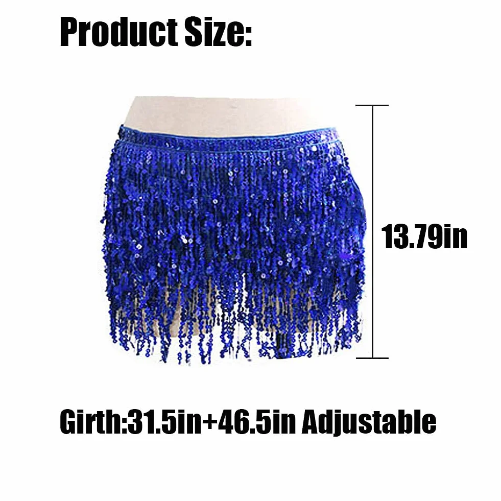 Falda de danza del vientre con lentejuelas para mujer, cinturón de cadera, borla, bufanda, disfraz rave (azul real)