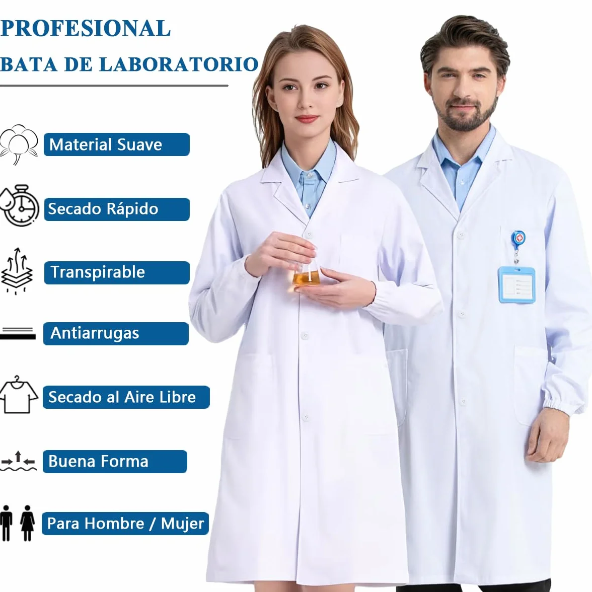Bata Laboratorio Algodón Blanca Manga Larga Mujer Hombre Médico Enfermera Profesora