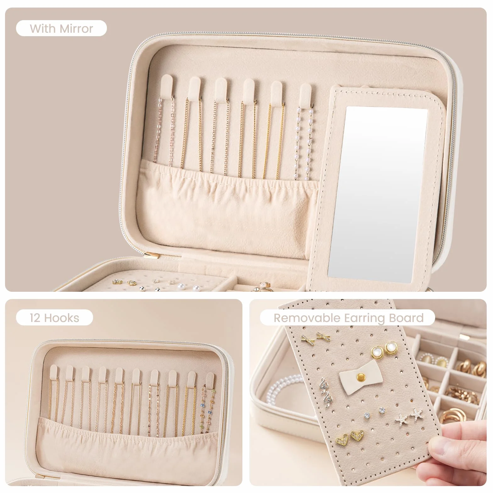 Lolalet Caja de Joyería de Viaje, Organizador Portátil de Piel Sintética con Espejo para Pendientes, Anillos, Collares y Pulseras, Tamaño M, Blanco