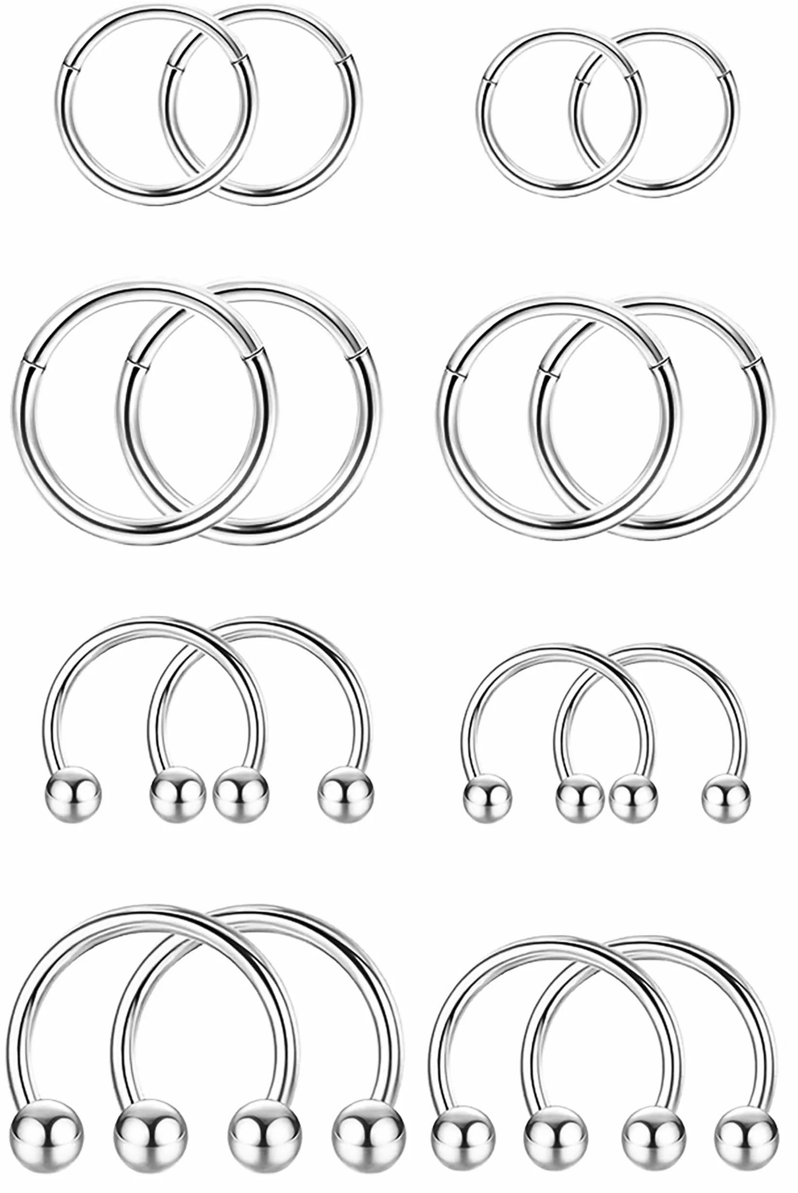 JeweBella 16 Piezas Aro Piercing Nariz Acero Quirúrgico Cartílago Segmento Clicker Anillos 6-12 mm
