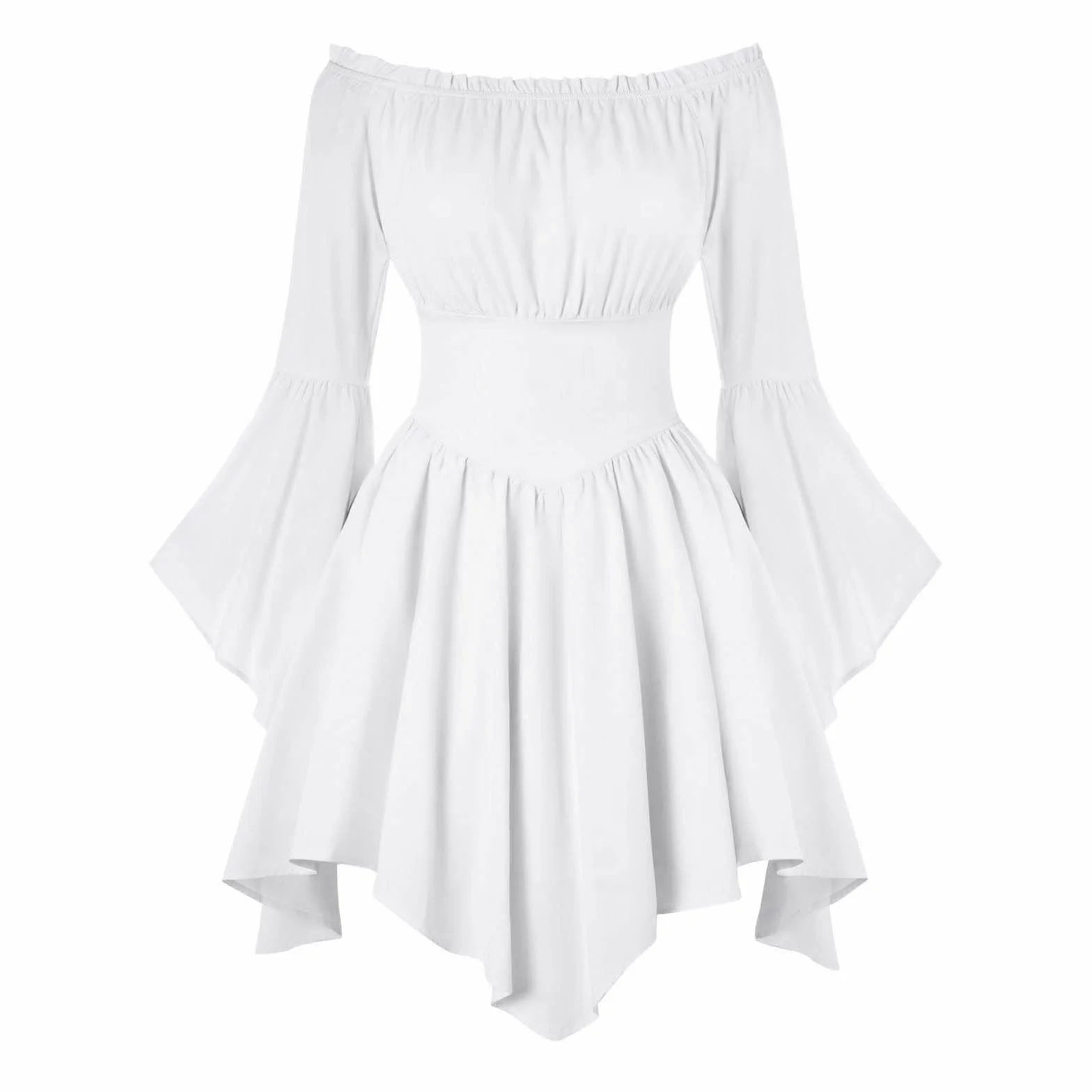 Trajes cortos para mujer disfraz de pirata bohemio vestido blanco corsé mini vestido manga larga abombada hombros descubiertos vuelo overol capas playa