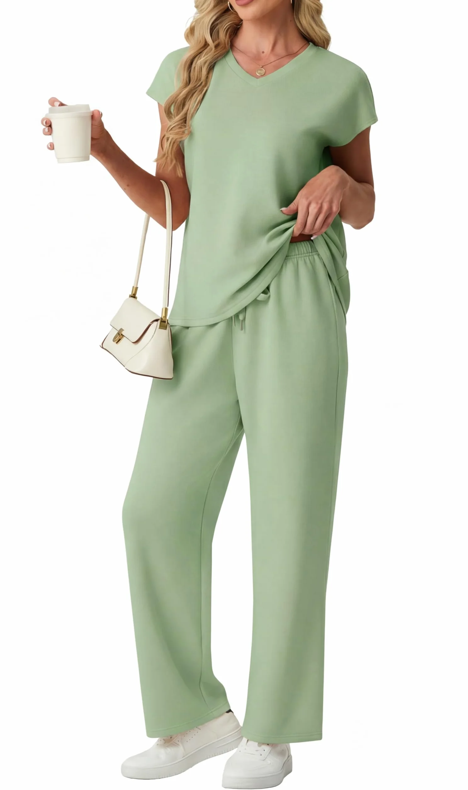 GRECERELLE Conjunto completo de chándal para mujer, de manga corta, de verano, para descansar, conjunto de dos piezas, casual, cuello redondo, tops y pantalones deportivos para gimnasio con bolsillos