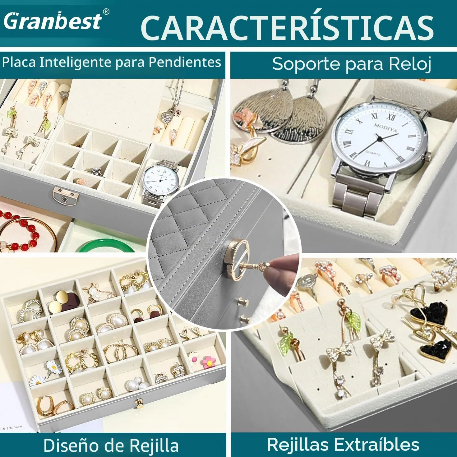 Granbest Joyero de 3 niveles con 2 cajones, caja de joyería de cuero para collares, pulseras, anillos y pendientes (gris)