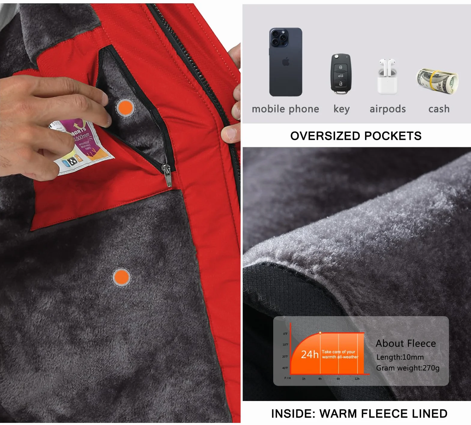 SPOSULEI Chaquetas de esquí para hombre con Hood impermeable forro polar a prueba de viento múltiples bolsillos