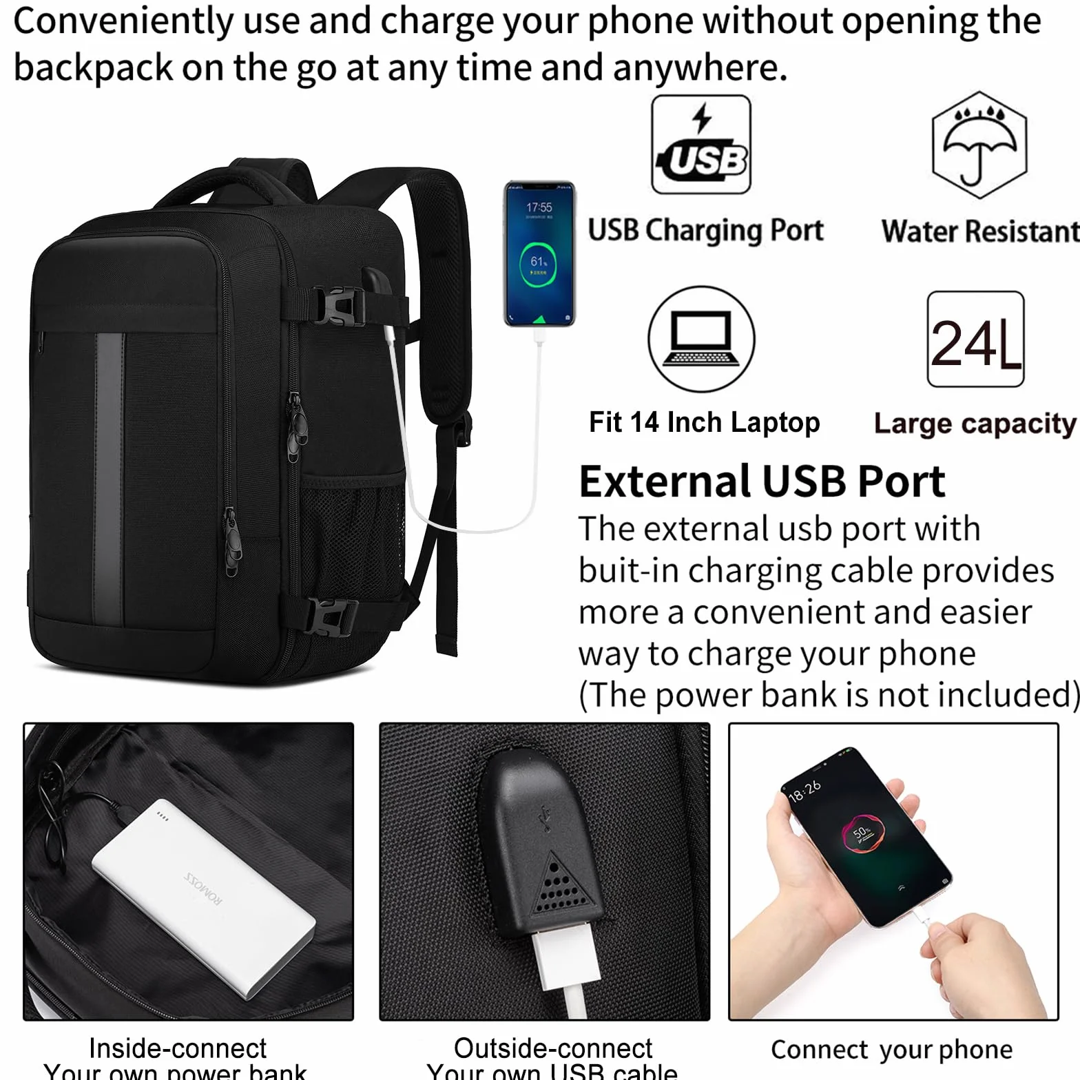 PUSLOM Mochila Viaje Cabina Avion 40x30x20 24L Bolsa Viaje Hombre Mujer Portatil 14 Pulgadas USB Negro