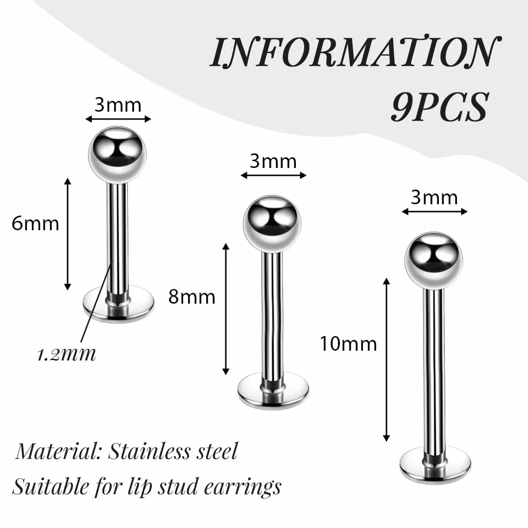 Acero Quirúrgico Piercing Labio 9 Pcs Labret Hilo Interno Tragus Helix Cartílago Pendientes Joyería