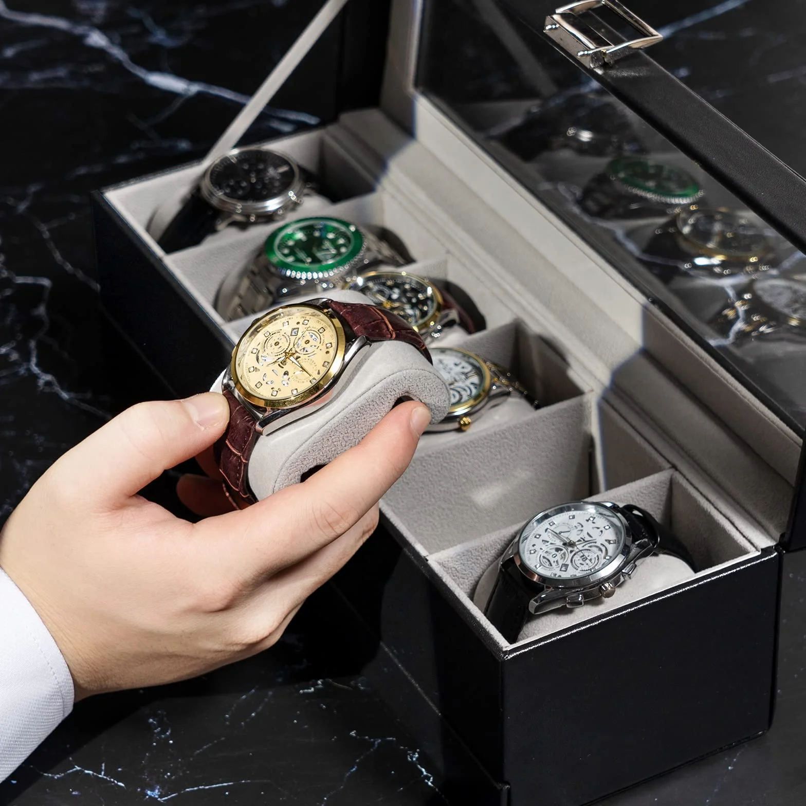 ProCase Caja de Relojes 6 Ranuras Cajón 2 Capas Tapa de Cristal Estuche Almacenamiento Negro