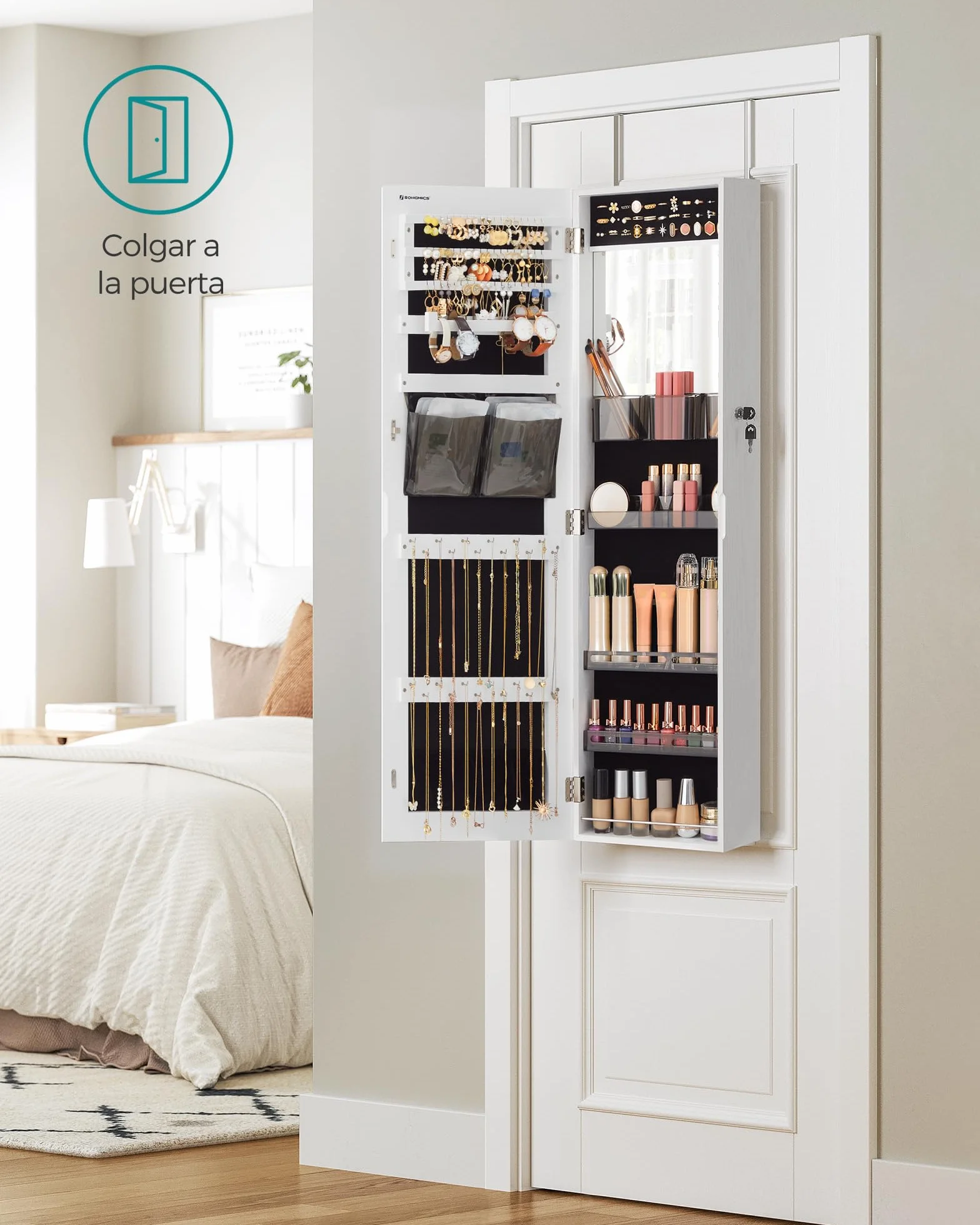 SONGMICS Armario Joyero con Espejo y Cerradura, Organizador de Puerta o Pared, Blanco Nube
