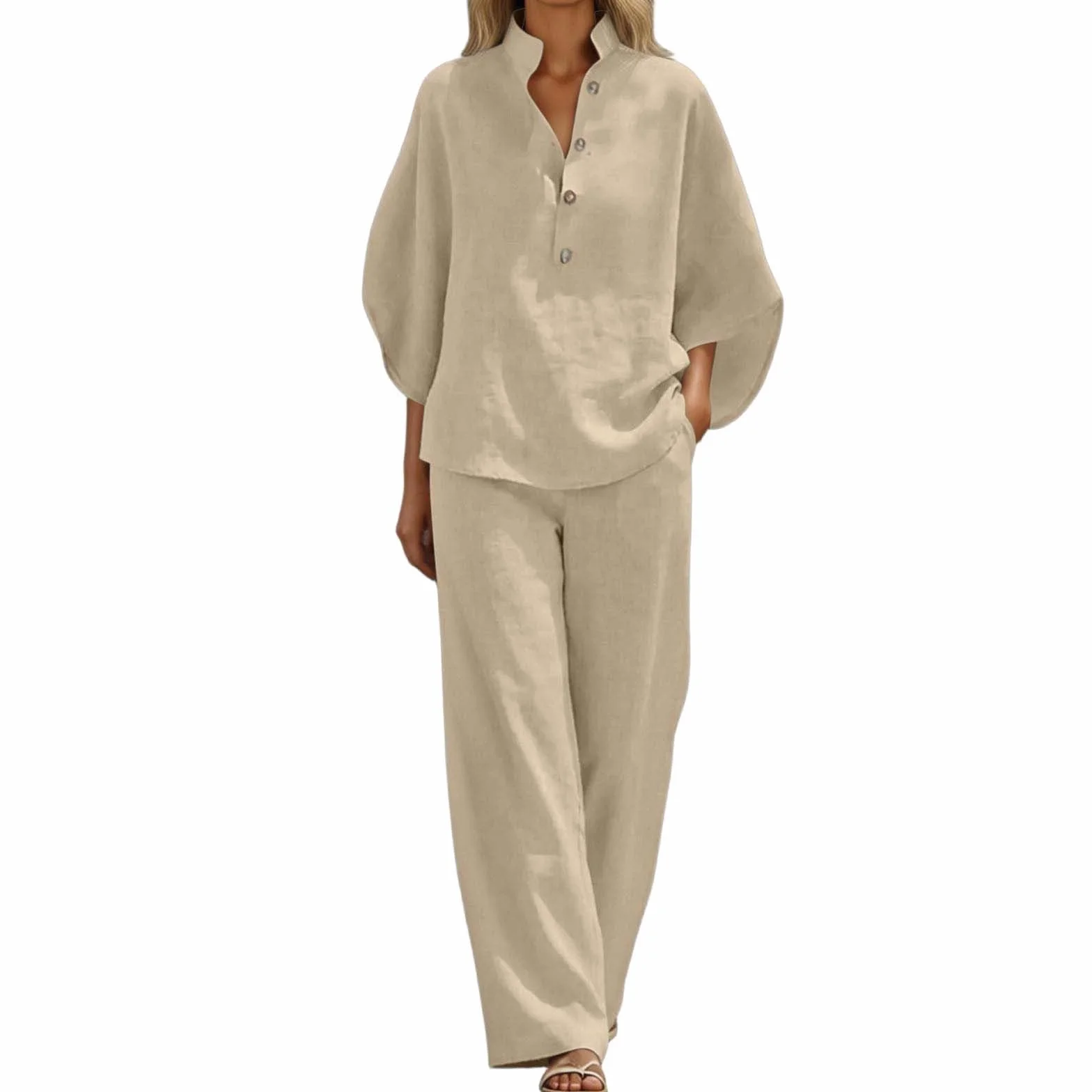 Conjunto Mujer Dos Piezas Verano Elegante Lino Chandal Casual Cómodo Blusa Manga 3/4 y Pantalones Completo Primavera Holgado Talla Grande Conjuntos Deportivos Cuello en V Playa Chándal Vacaciones