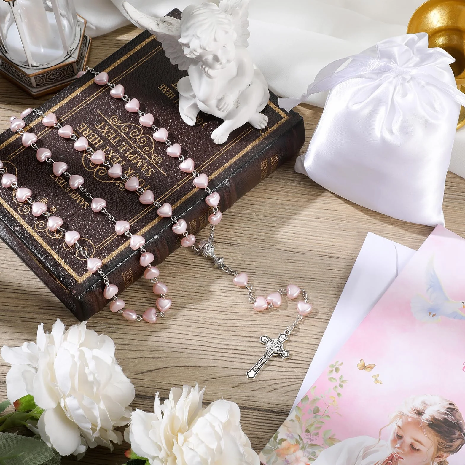 Sinmoe Set de 3 Rosario Corazón Primera Comunión con Tarjetas y Bolsa Cordón Collar Rosario Metálico Cruz Perlas Católicas para Niñas Niños Regalo Bautizo Rosa